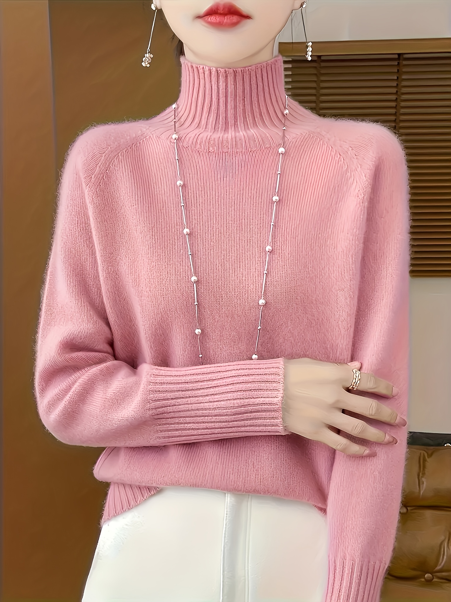 Women's Retro Mock Neck *ter Soft Viscose Blend Midweight Knit Pullover,  400gsm Versatile Top for Casual Formal Outfits, Ladies