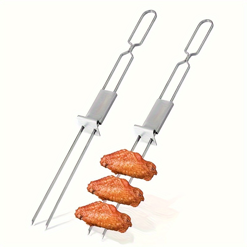 2pcs double ended reusable stainless steel barbecue fork semi automatic outdoor bbq barbecue tool portable barbecue skewer lamb hot dog fork camping picnic party bbq accessories bbq gadgets details 8