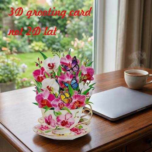 phalaenopsis orchid teacup shaped 3d up greeting card suitable for mothers day birthdays anniversaries thank you notes or get well teacup that requires no watering displayed as a long desktop decoration
