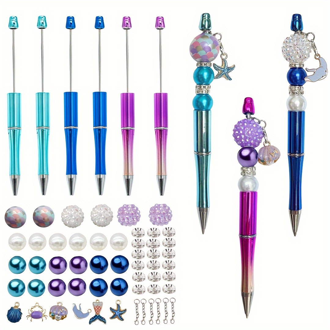 

6-piece Diy Beadable Ballpoint Pens - Multicolor & Crystal Spacer Beads, Black Ink - Perfect For Summer Ocean Parties & Graduation Gifts