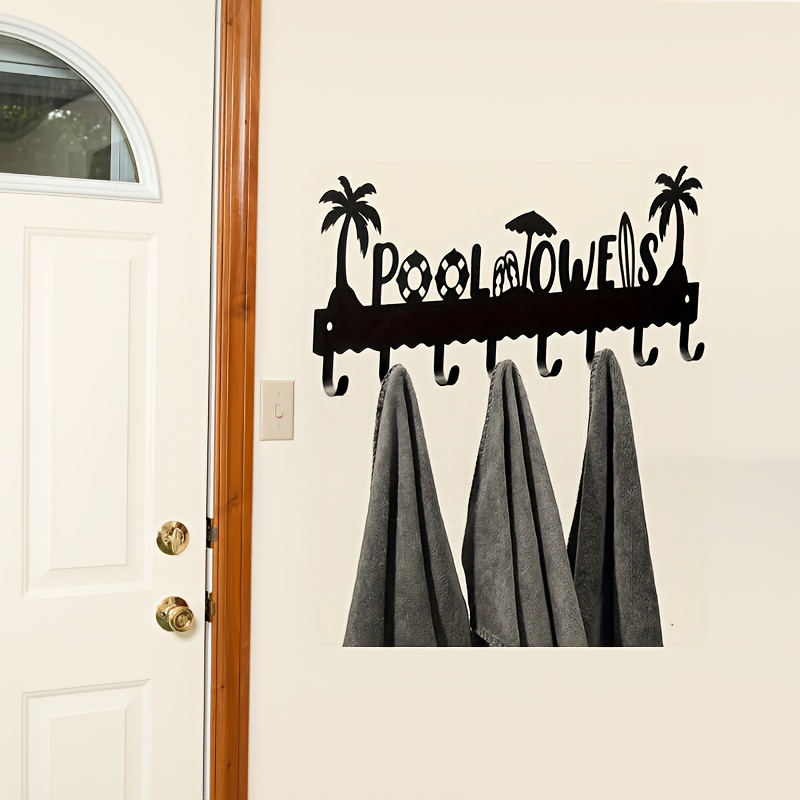 E-shop 8-Haken Metall Pool-Handtuch & Schlüsselhalter - Rostfreie schwarze Oberfläche, Tropische Palmen- und Sonnenschirm-Design Wandorganizer für