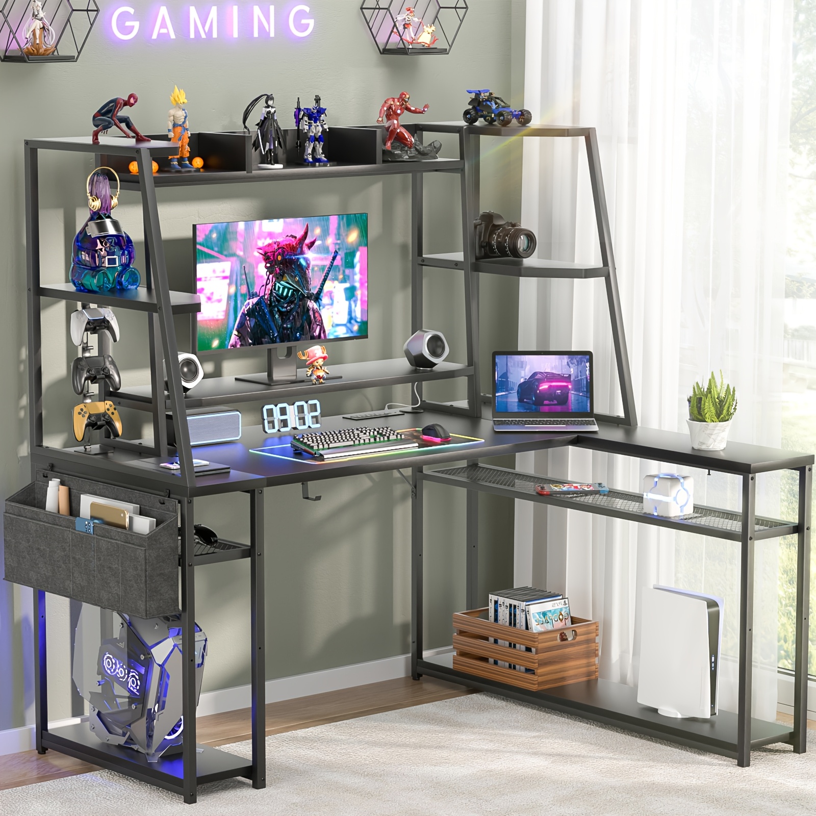 COZONY 78 U/L Shaped Gaming Desk, Reversible Computer Desk with Power Outlets, LED Lights, Monitor Stand & Storage Shelf, Corner Desk, White