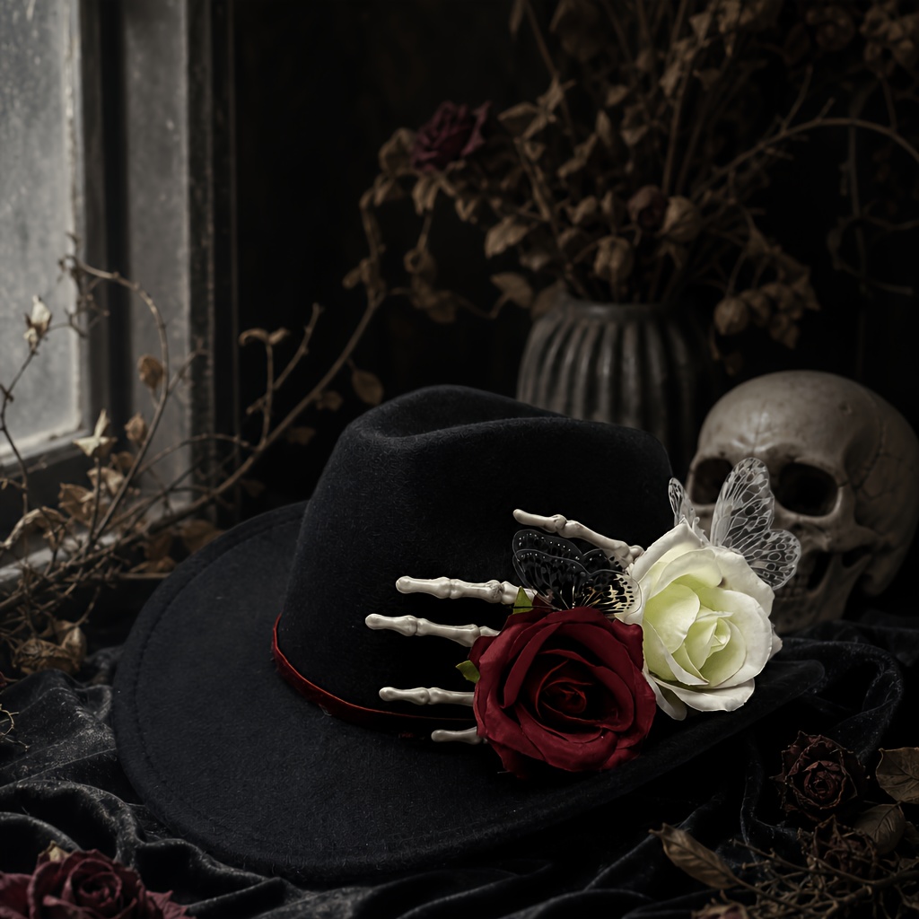 TEMU Halloween Wide Brim Hat For Man, Gothic Skeleton Hand Rose Fedora Hat, Felt Cosplay Party Costume Headwear