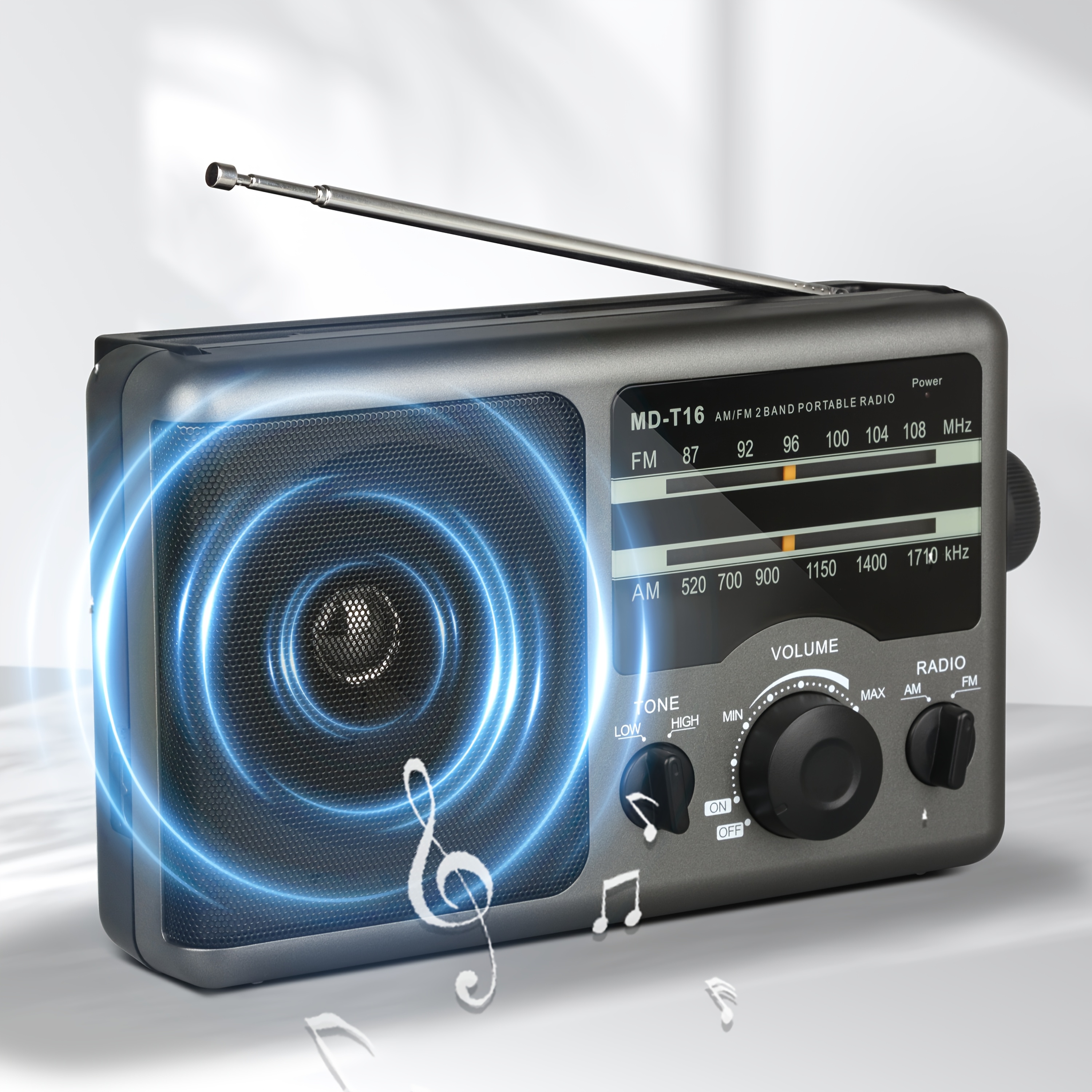 Radio Portable AM/FM - Piles AA, Prise Casque, Petite Taille 9,2cm, Réception Sensible, Gris Argent