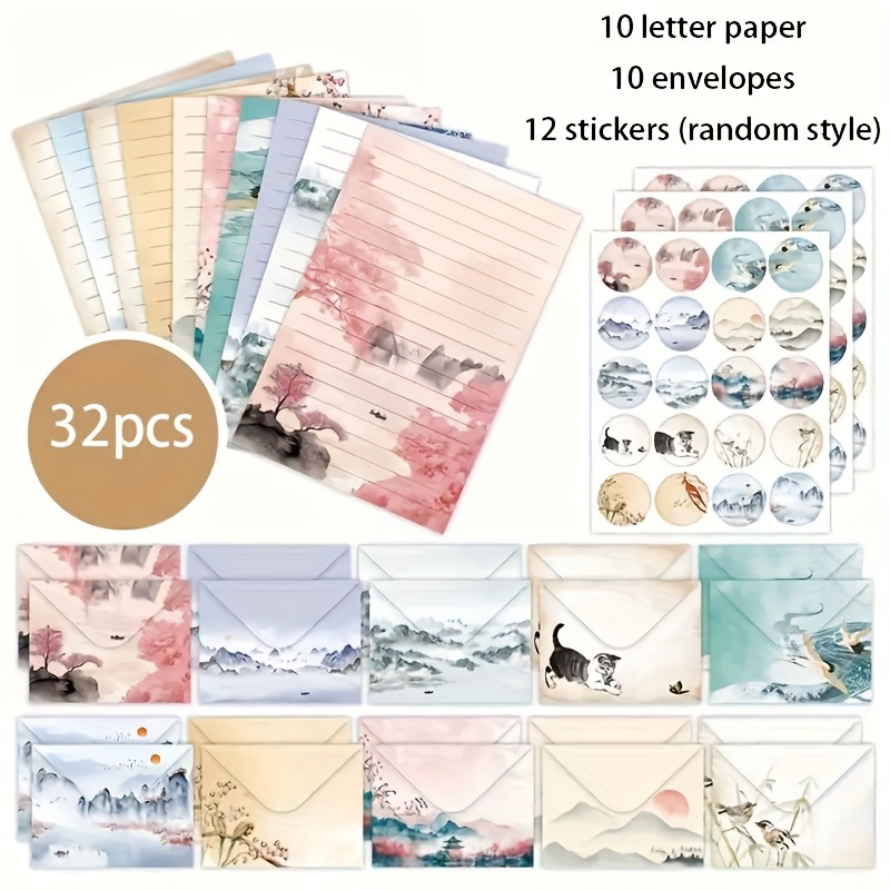 E-shop 32-teiliges Tuschmalerei-Landschafts-Umschlag- Briefpapier-Set, Ästhetisches Landschaftsbriefpapier für Einladungen, inklusive 10 Umschläge + 10