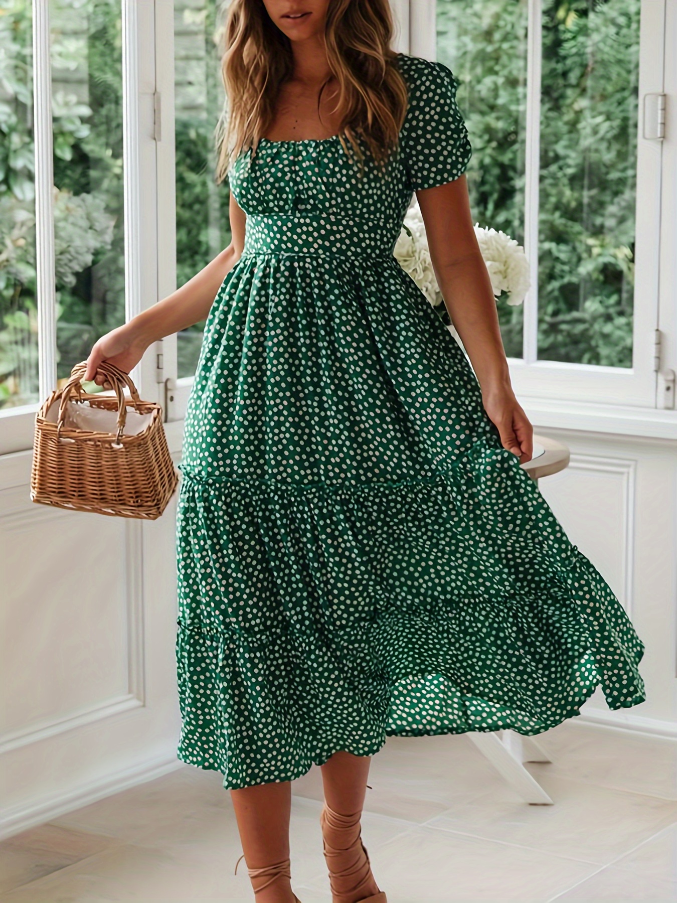 knee length dresses for ladies Listicle Women's Flower Fields Tiered Floral Midi Dress in White main image 0
