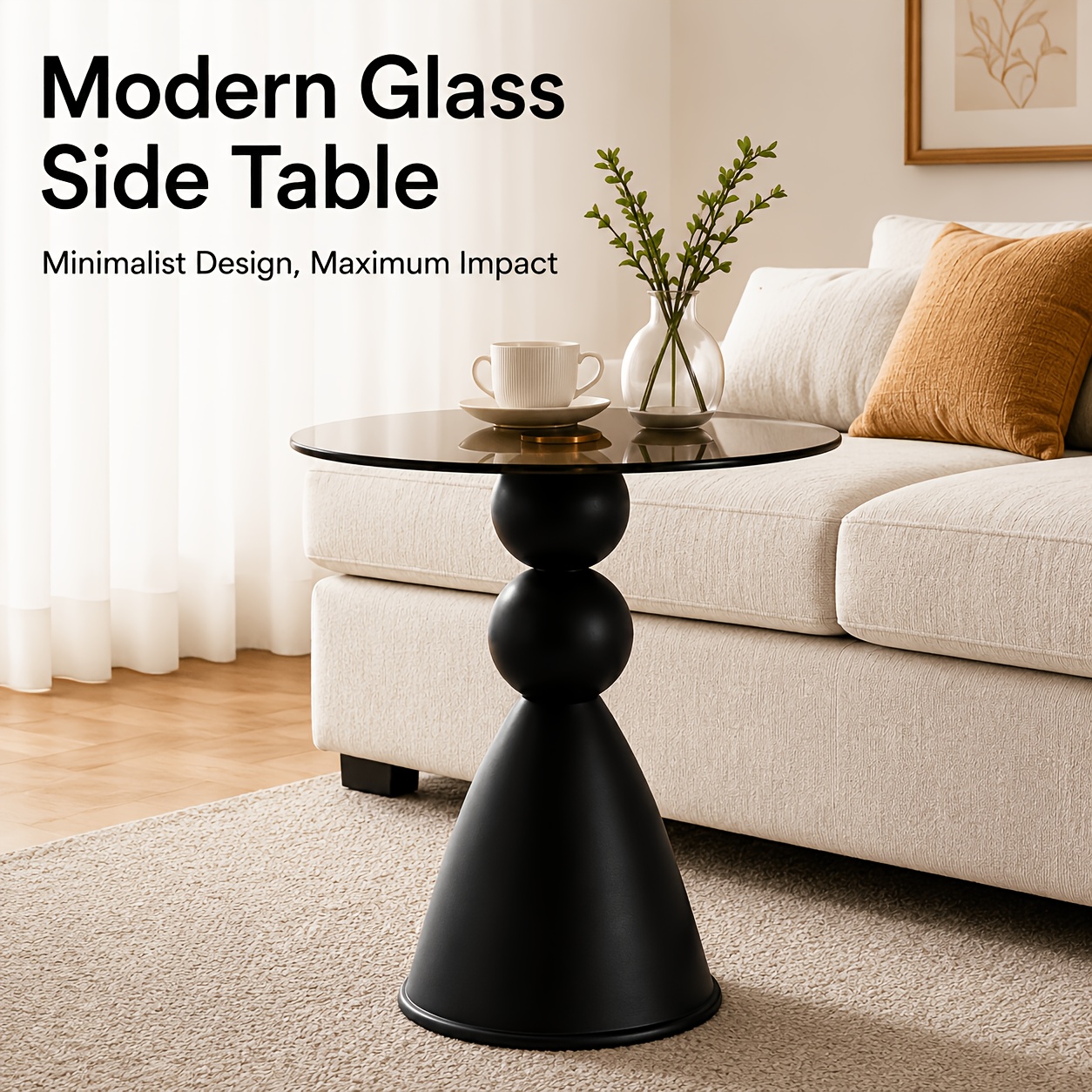 Image of Modern Round Side Table With A Sturdy , With Either A Wood-grain Or Glass Tabletop. Suitable For Living Rooms, Bedrooms, And Offices