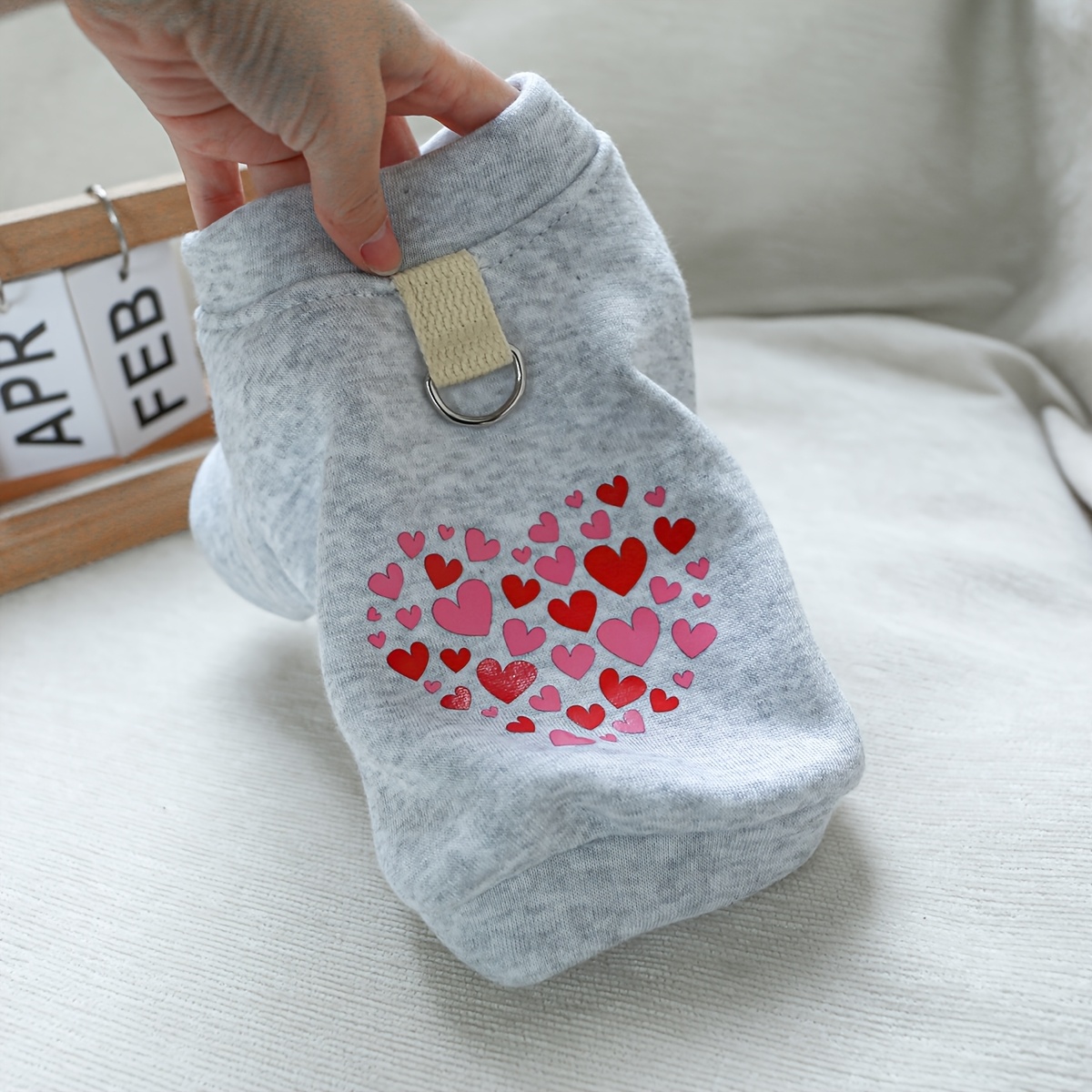 TEMU Valentine's Style Dog Clothes, Heart-filled Light Gray Button-front Fleece Jacket, Autumn Winter Warm Apparel, Cute Cat Clothes
