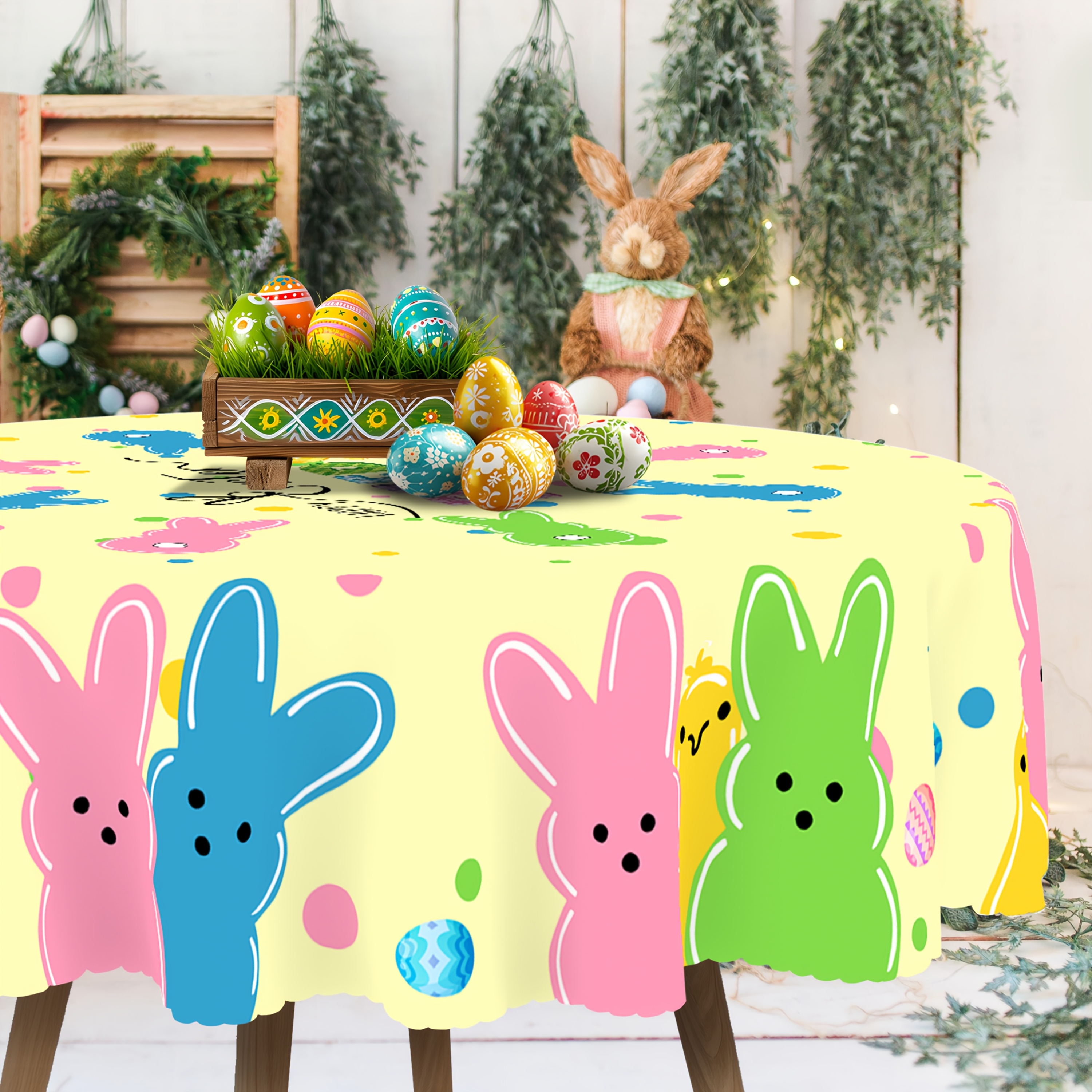 

1pc Vibrant Easter Bunny & Egg Polyester Tablecloth - , Wrinkle-resistant With Bunnies And Pastel Eggs Design, Indoor/outdoor Decorations, Home & Party Use - In Round Or Rectangular Sizes