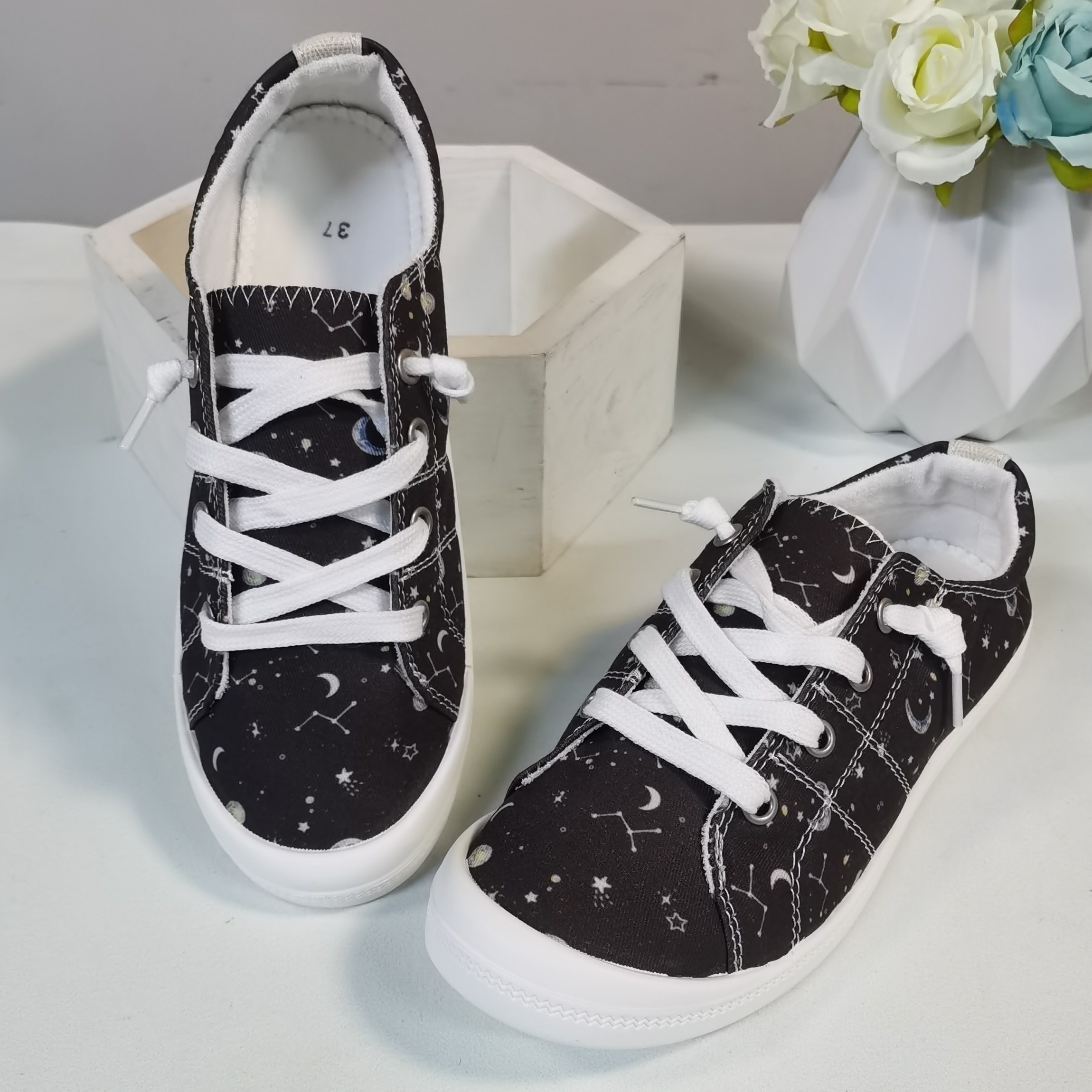 

Women's Starry Night Canvas Sneakers - Casual Slip-on Shoes With Plain Toe, Soft Fabric Insole & Pu Sole, Comfort, Printed With Random Design, Hand Washable - Dongguan