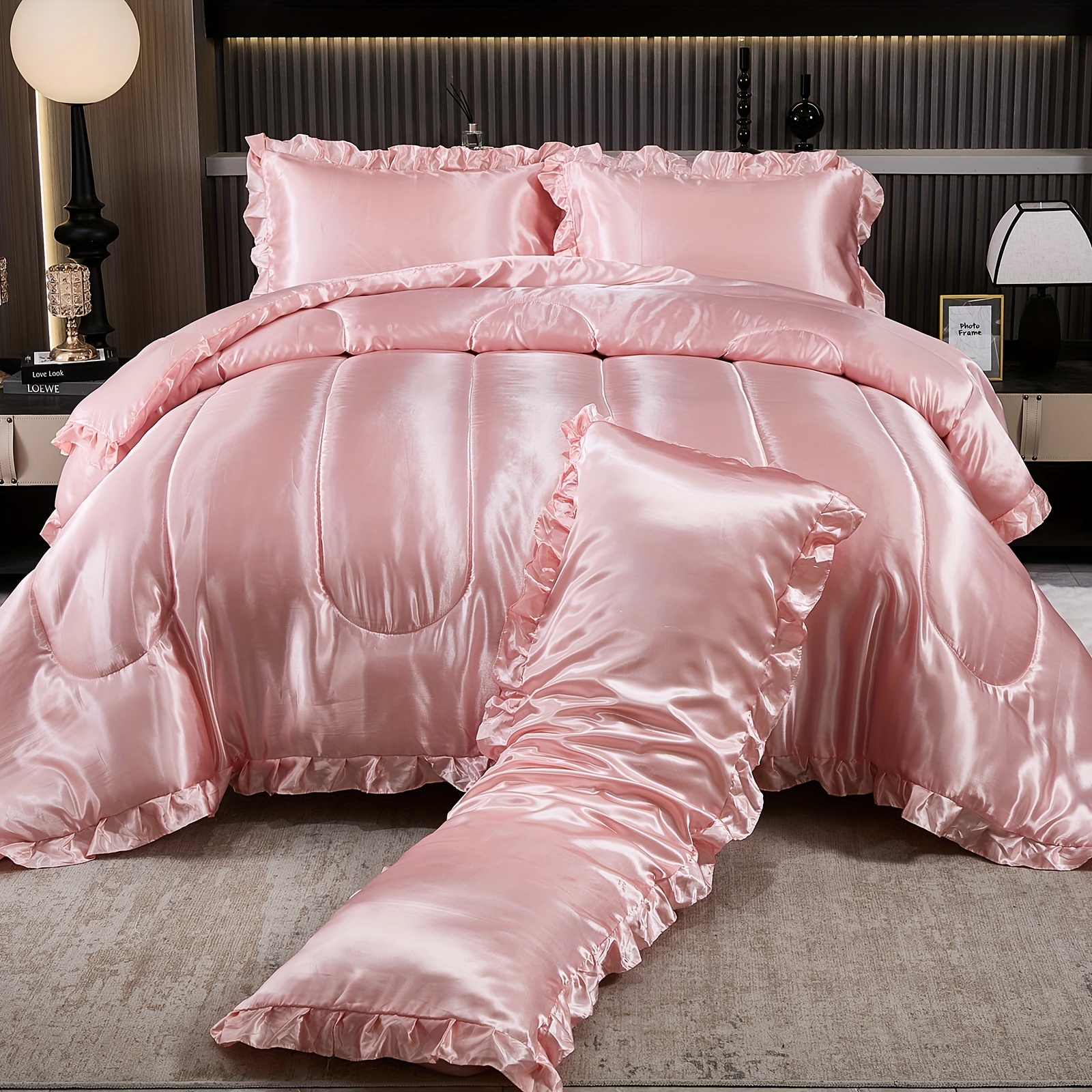 Satin Queen Comforter Set Silky Like Satin Bedding Set Hotel Soft Polyester  Pink Bed Set Luxury Silky Pillow Cover With Quilt Set Ruffle Comforter Hom