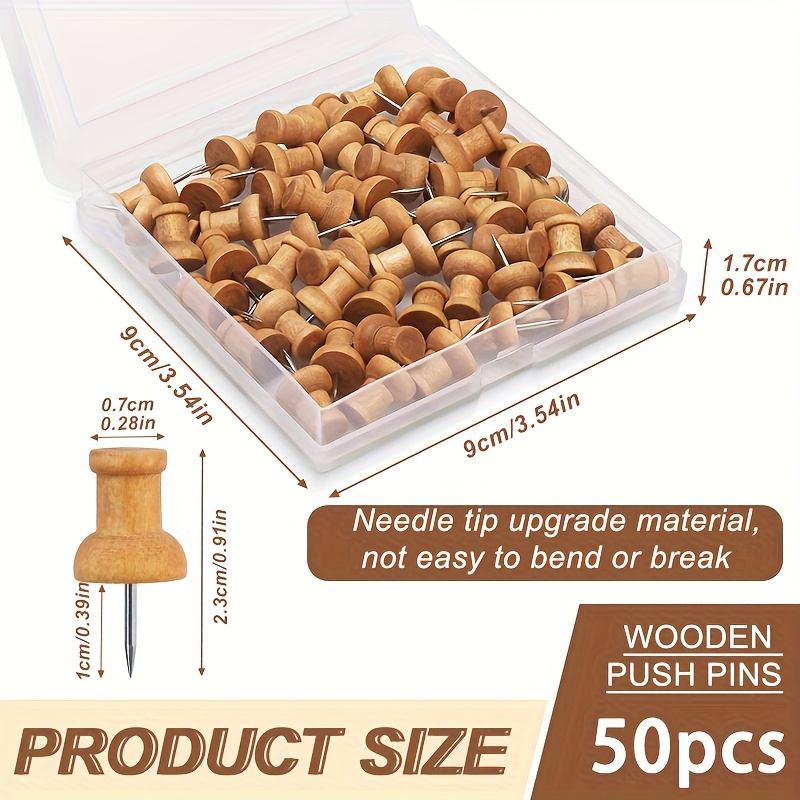 TEMU 50pcs Wooden Push Pins, Board Pins For Noticeboards, Wooden Drawing Pins For Maps & Crafts, Thumb Tacks With