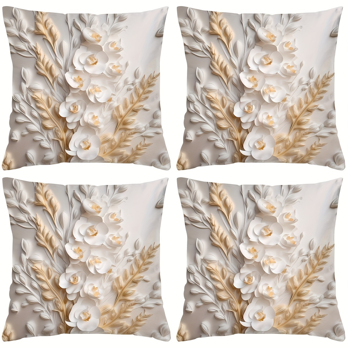 

4-piece Set 3d Floral Print Throw Pillow Covers - Contemporary Style, Zip Closure, Machine Washable For Living Room & Office Decor (no Insert)