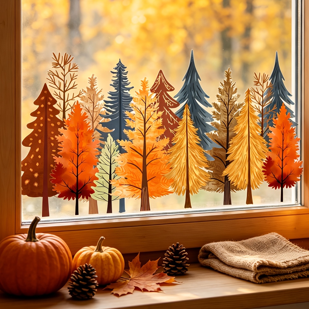 TEMU 1pc Bohemian Style Autumn Forest Static Window Cling, Multicolor Fall Tree Decorative Glass Sticker, Removable Window Decor, For Thanksgiving