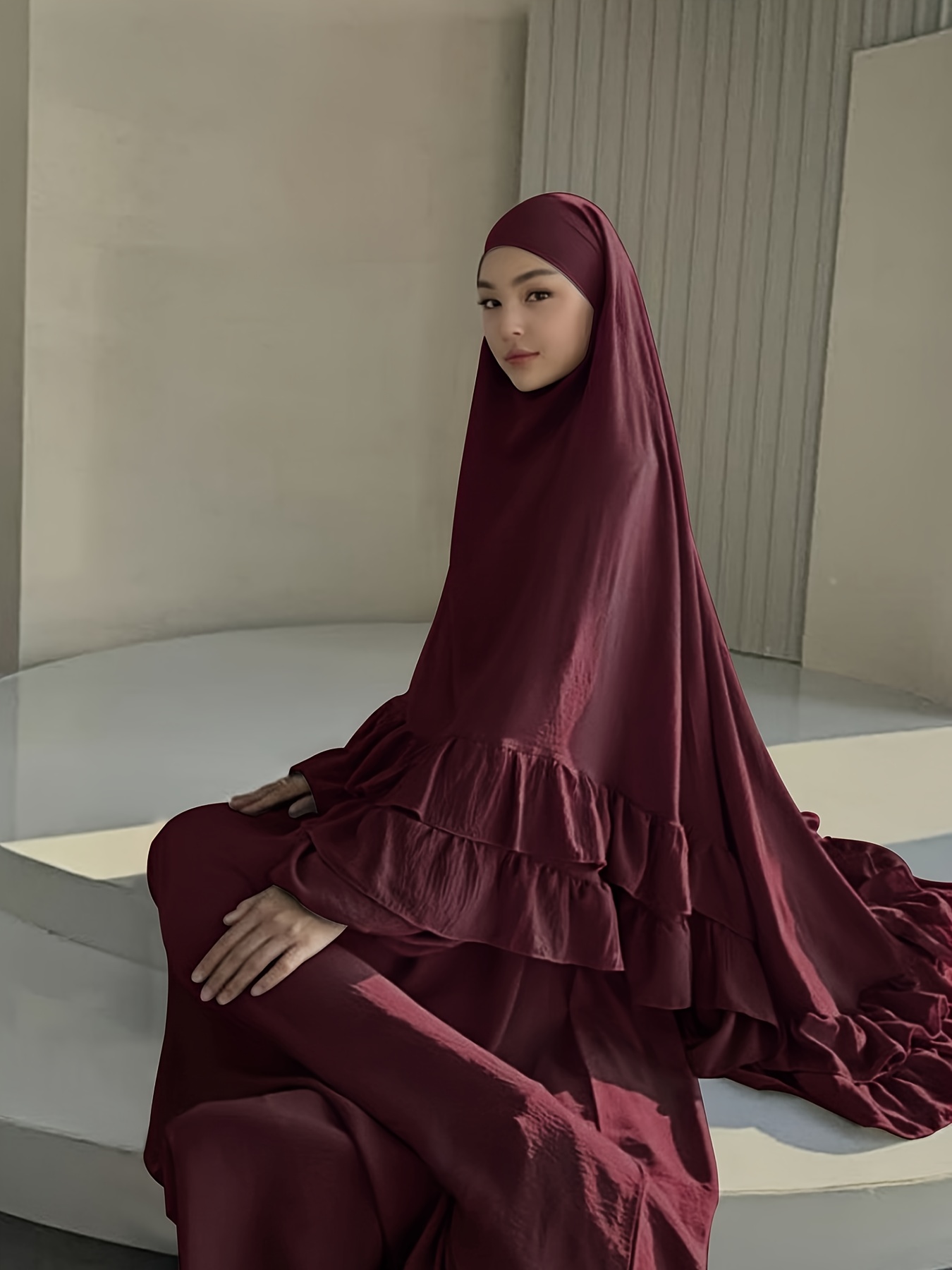 Plus Size, 1 Set of Fashionable, Elegant, Double-Layered, Pleated, Comfortable, Casual, Breathable Solid Color Versatile Loose   Prayer   – Muslim Khimar Hijab Ladies Outfit