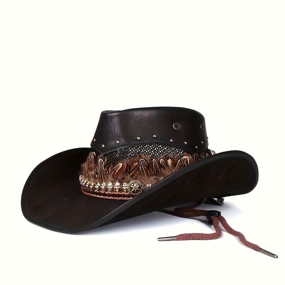 TEMU Feather-trimmed Vintage Cowboy Hat, Faux Leather Wide-brimmed Women's Cowboy Hat With Windproof Rope, Western Retro Cowboy Racing And Everyday