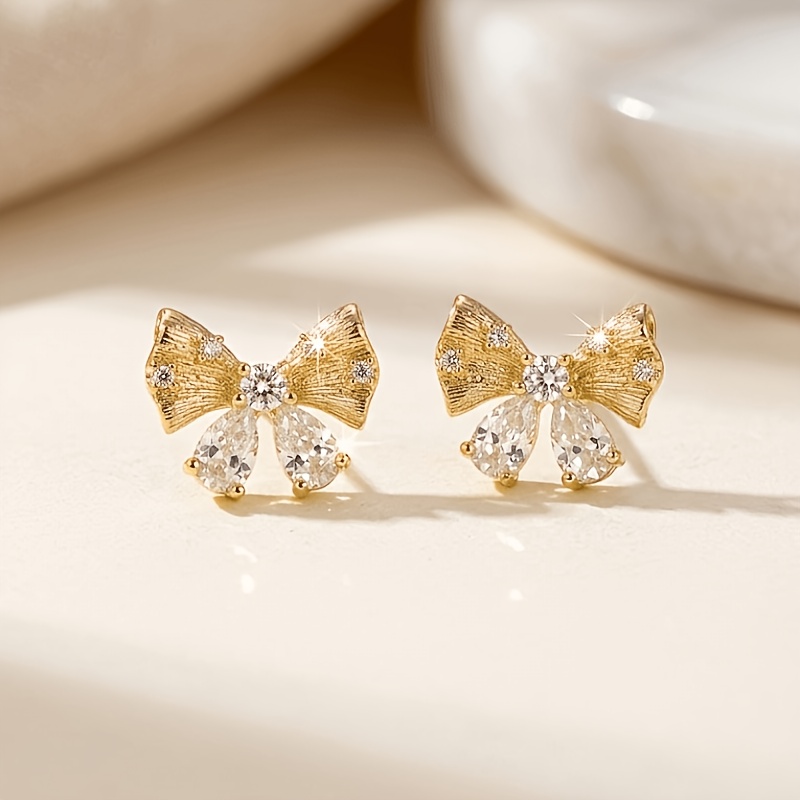 Women's Elegant Faux Bow Stud Earrings with Zirconia Inlay