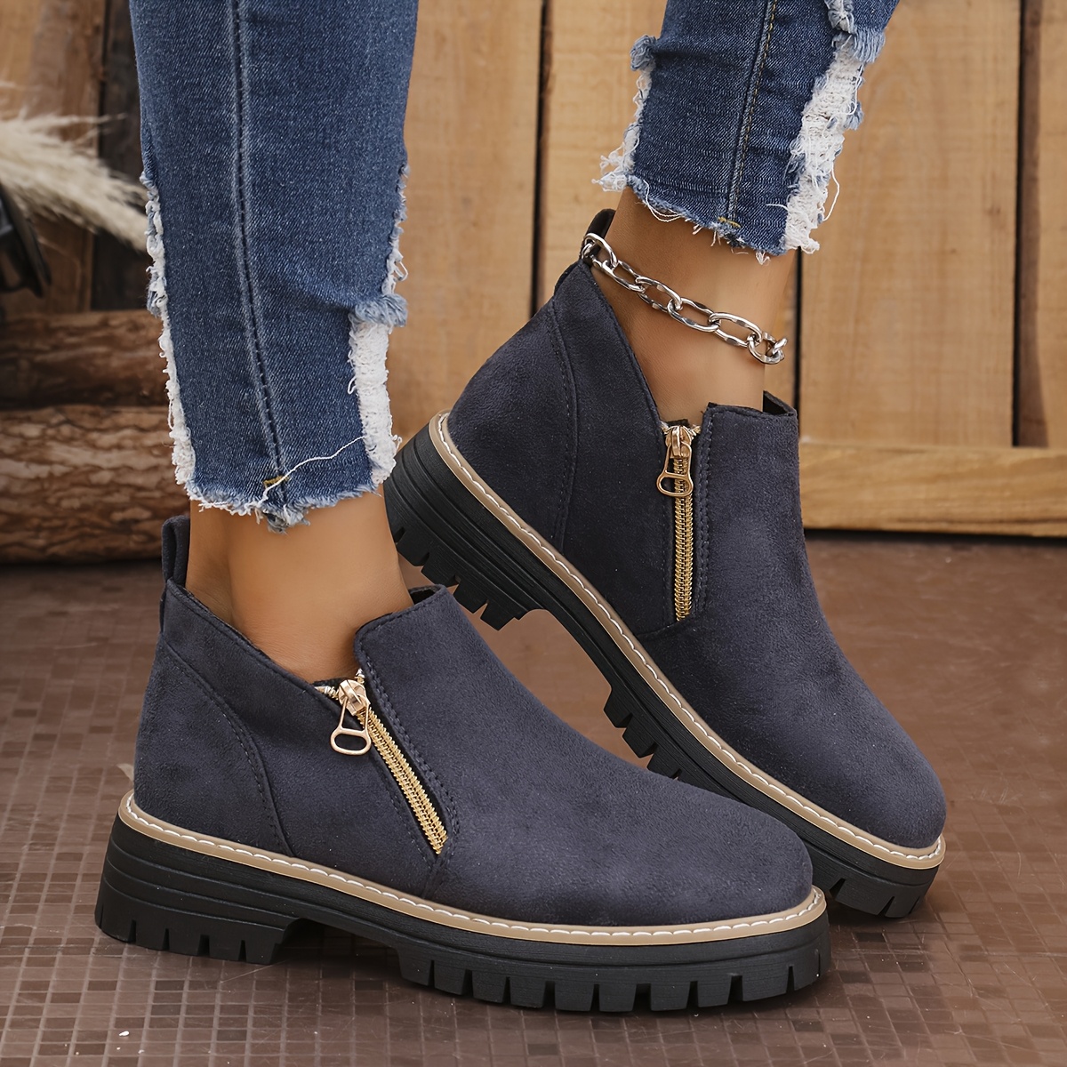 

[Bottes de Cheville Couverture Bleu Marine Foncé pour Toutes ] avec Fermeture Éclair, Semelle Épaisse et Bout Rond - Bottes Décontractées Confortables et Élégantes pour Femmes pour Toutes les