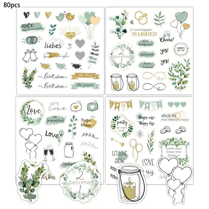 80pcs Scrapbooking Wedding Stickers, Creative Valentine's Day Heart Diy Decoration, Planning, Journaling, Wedding Stickers