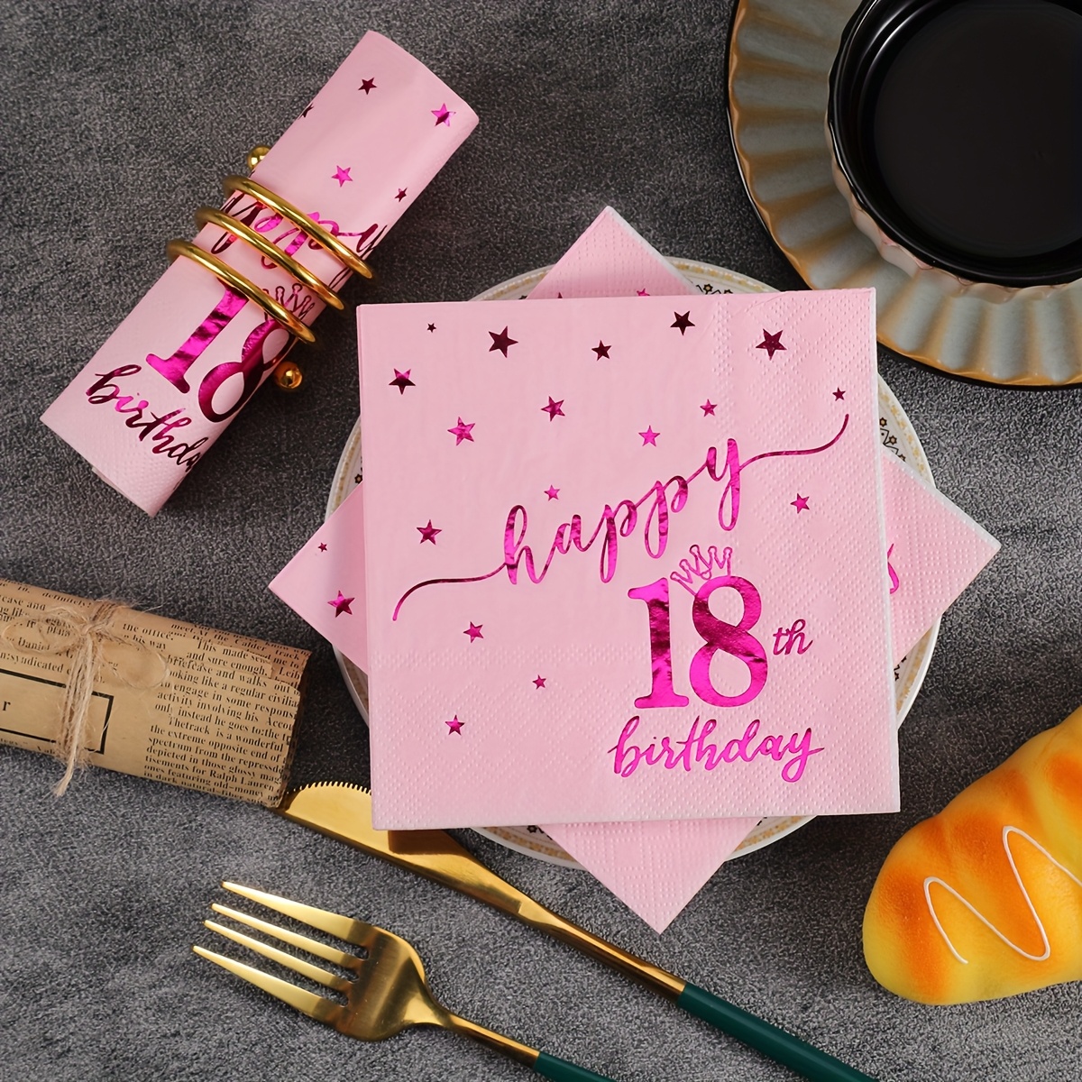 Image of 20pcs, 2025 New Style Hot Foil 18th Birthday Napkins, 9.84x9.84 Inches - Wedding Birthday Garden Party Decor Tissues, For Cafe Decoration Supplies