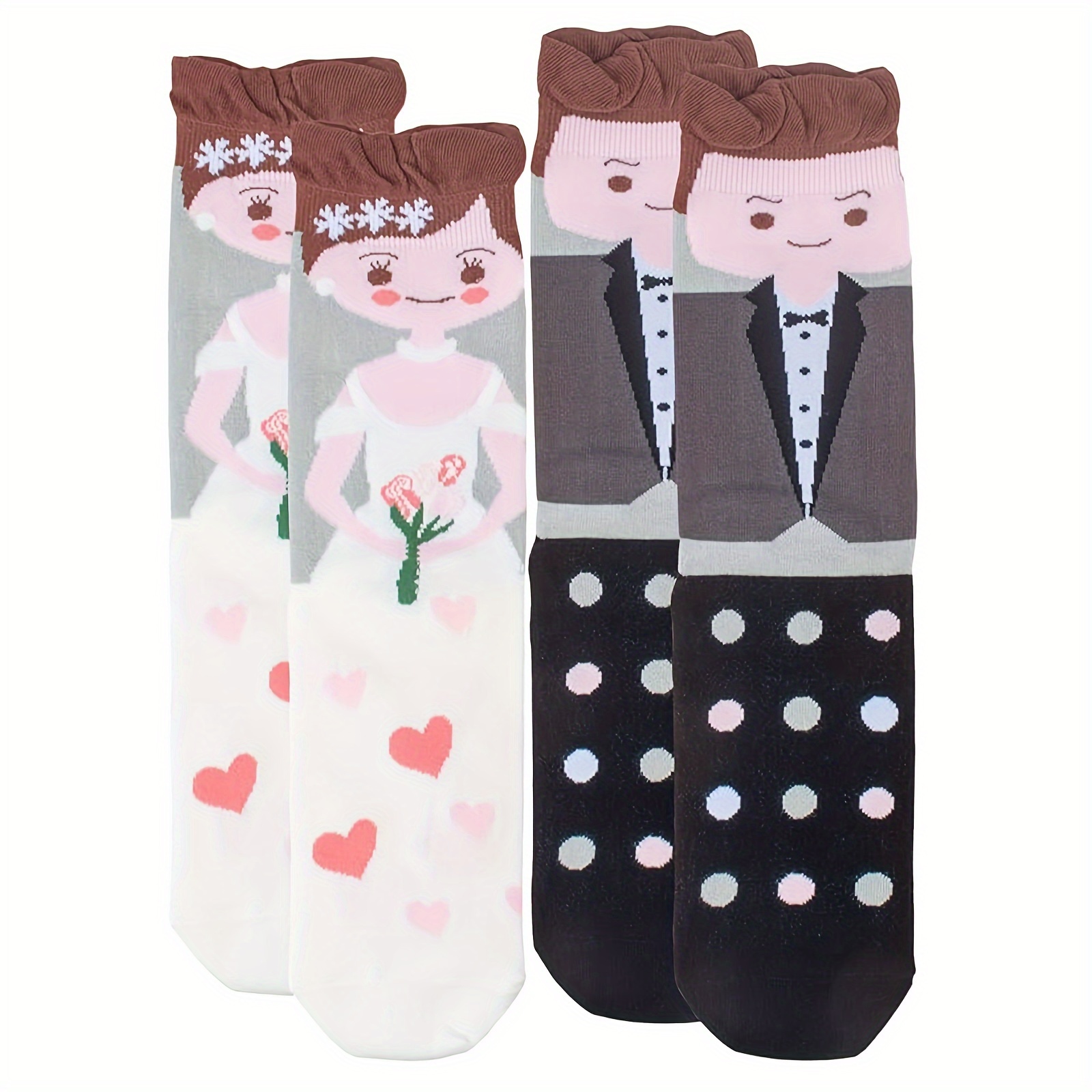 

Wedding Themed Novelty Socks For Couples - 1 Pair, Cotton Blend With Polyester And Spandex, Hand Wash Only, Portrait Pattern, Knit Fabric, Funny Bridal And Groom Gift Ideas