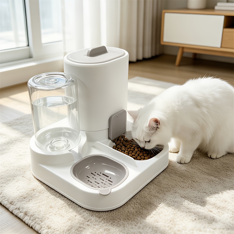 Cat Feeder And Water Dispenser, 2in 1 Automatic Pet Waterer Detachable Stainless Steel Food Bowls Set Pet Food Storage For Small Dog Puppy Cat Easy Clean (grey)