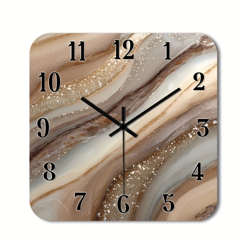 TEMU () 1pc Silent Wall Clock Non-ticking Wooden, Decorative Square Clock Hd Glossy Lamination Finish Abstract Marble Patterns With Glitter Accents.