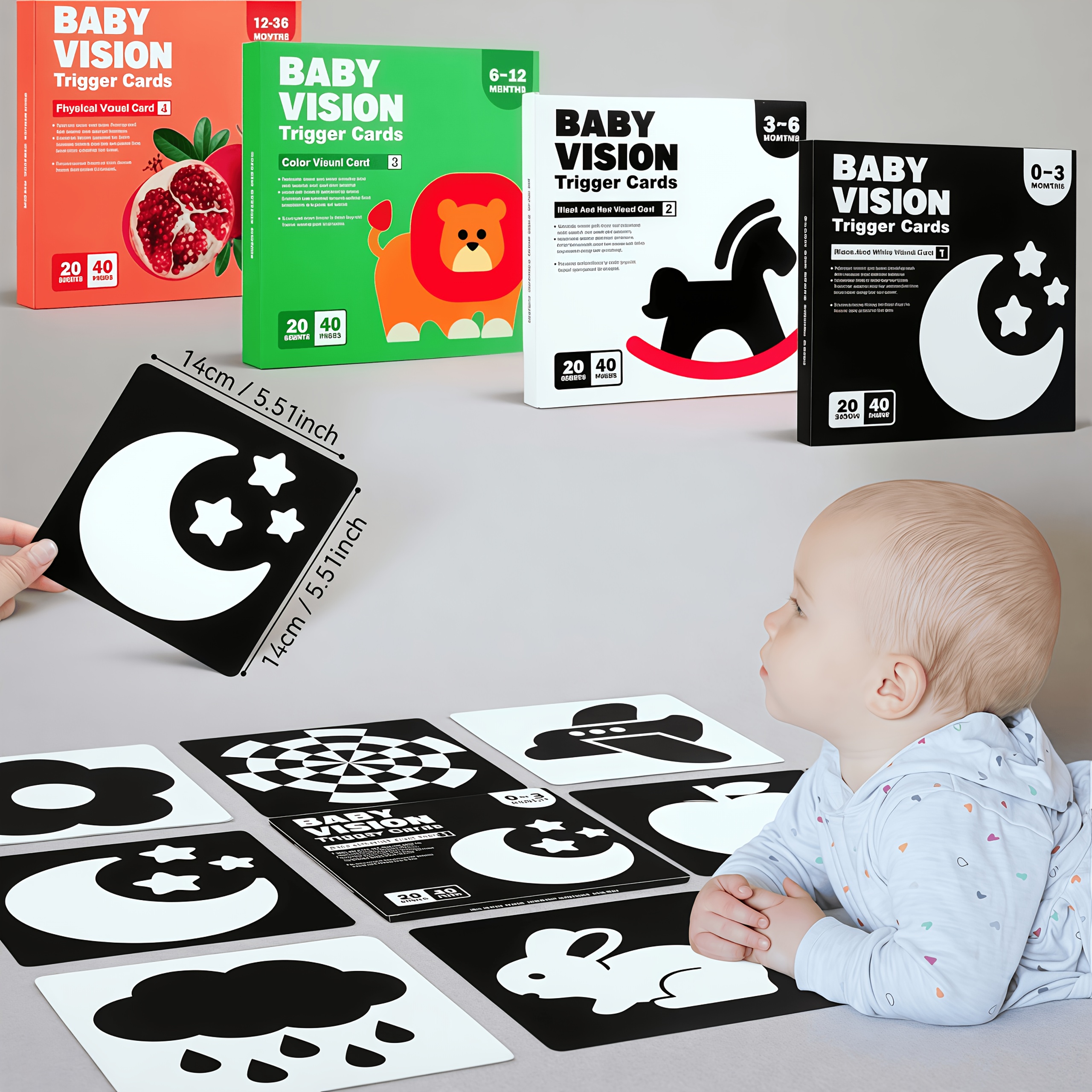 TEMU 4 Books, 80pcs/160 Large Contrast Flash Cards For Babies 0-36 Months, Black & White, Color Dotted, Abstract & Concrete Visual Stimulation Cards,