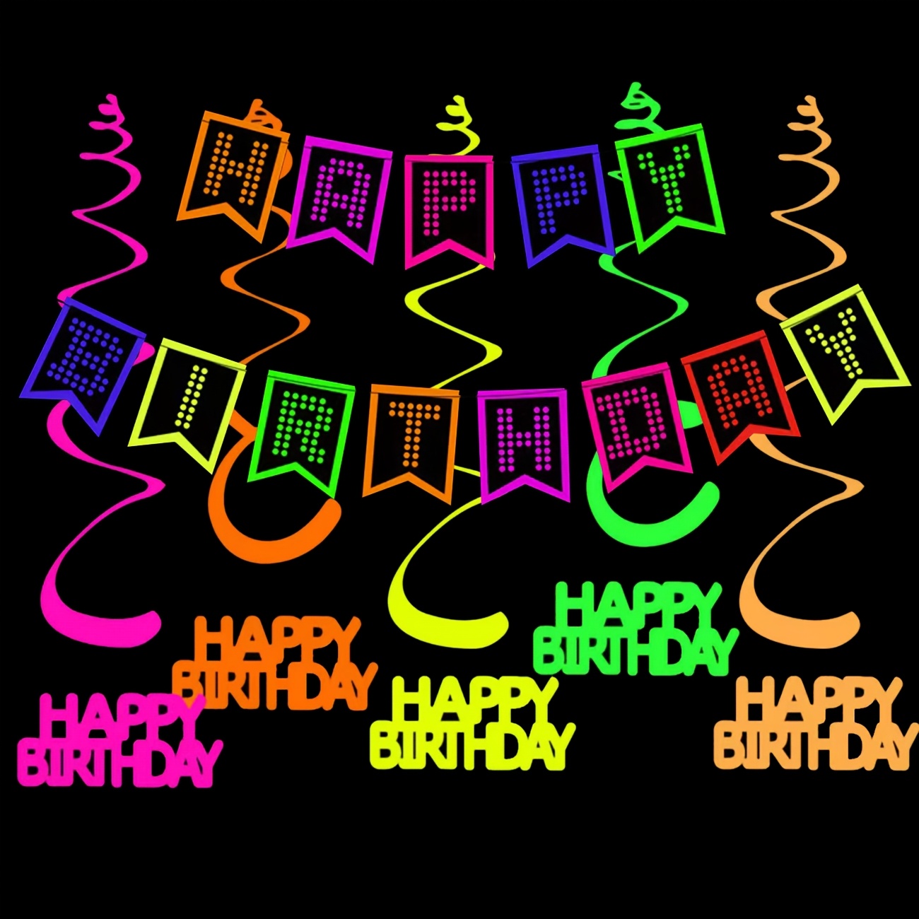 Neon Birthday Party Decorations, Uv Neon Happy Birthday Banner, Black Light Uv Hanging Swirl, Glow In The Dark Party Decoration For Birthday, Disco Theme Parties, Bars & Home Halloween Christmas