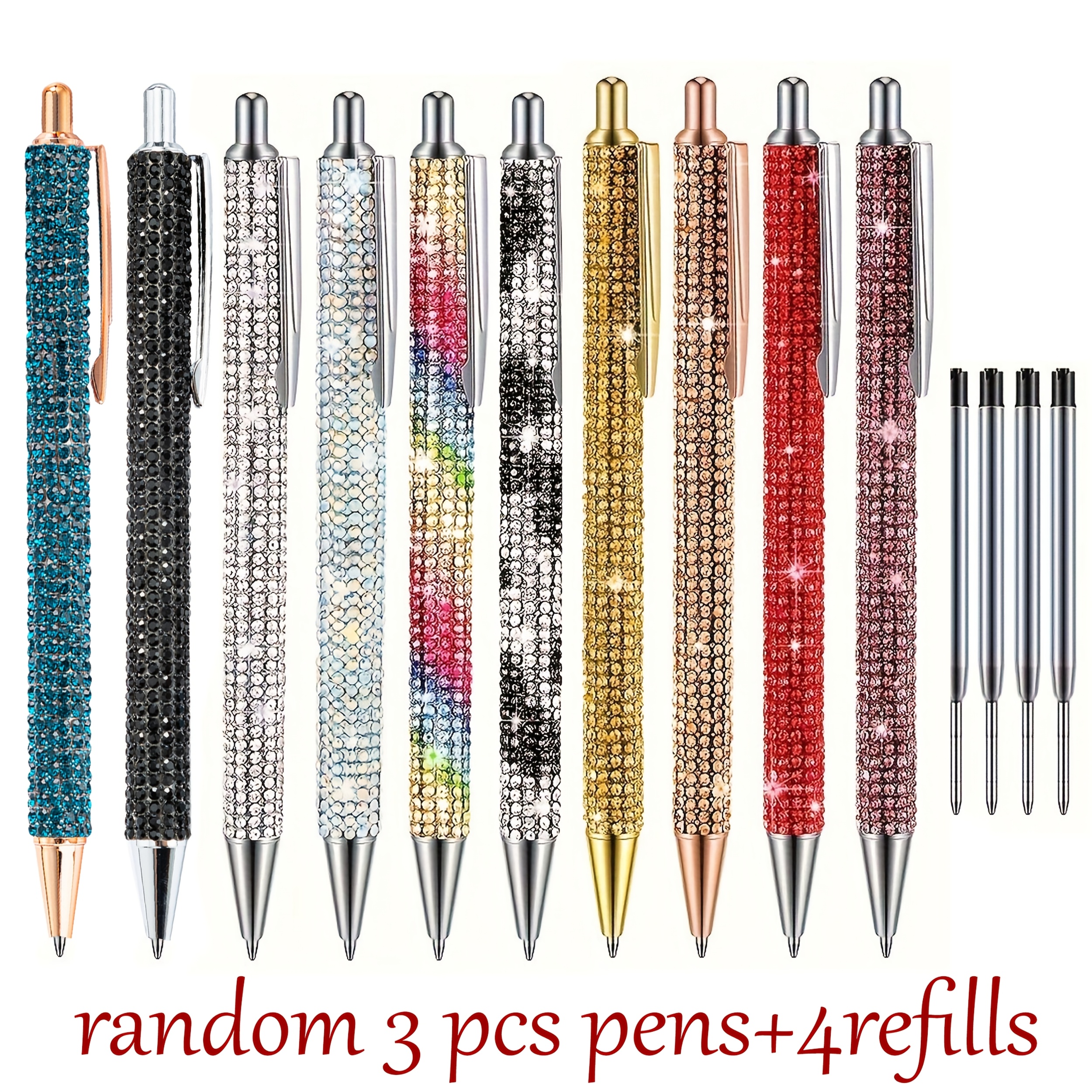 Image of Random Pen Holder /10pcs Sparkling Diamond Ballpoint Pen, Black Ink, Press Ballpoint Pen, School Stationery, Office Accessories, Gift Pen, Ladies' Elegant Gift