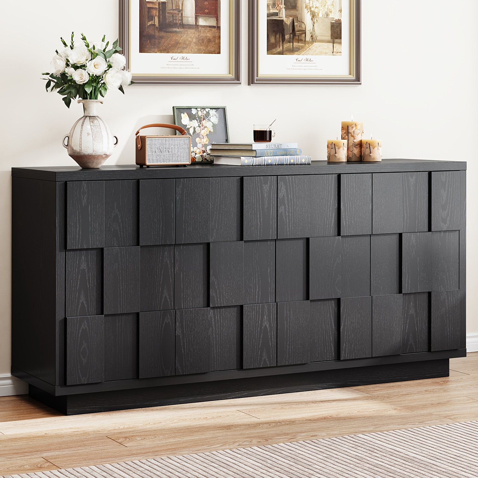 60" Mid-Century Sideboard - Irregular Panel Design & 4 Doors