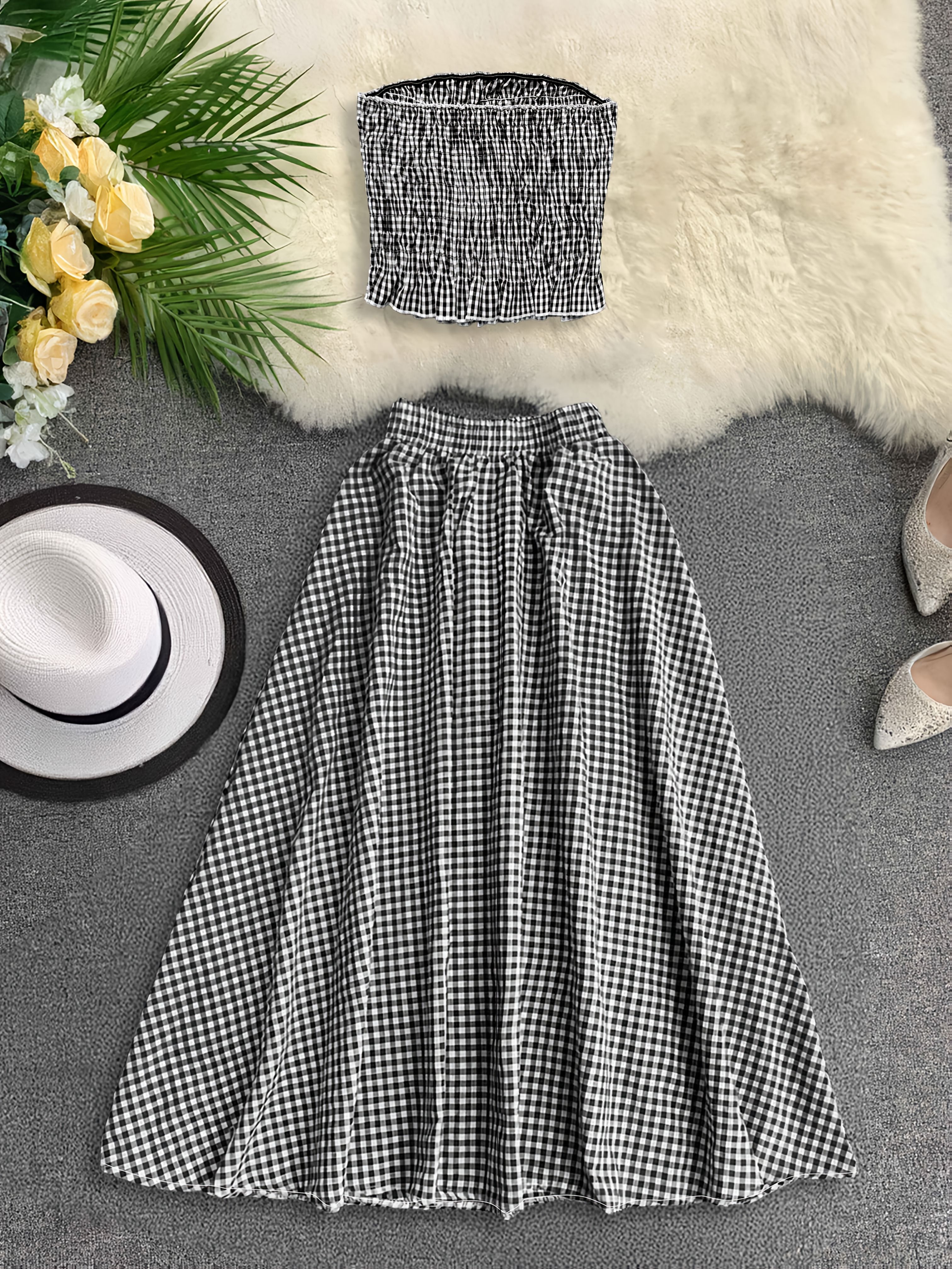 chic womens floral shoulder top skirt set black white Temu