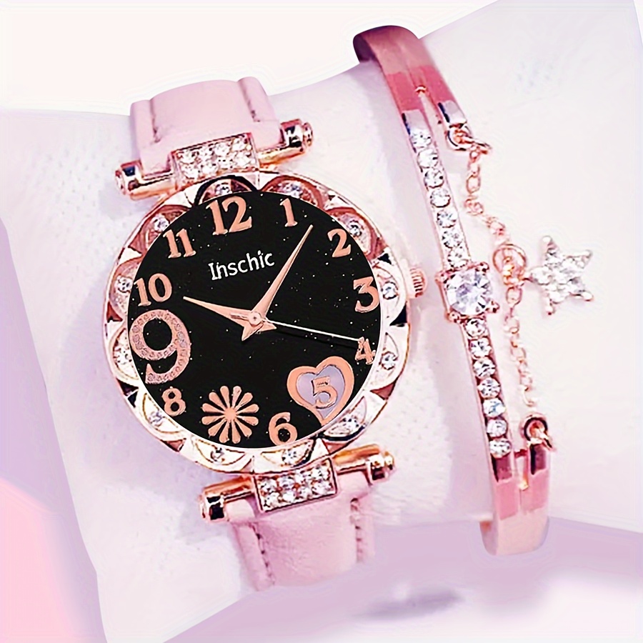 

2pcs/set Women's Cute Heart Rhinestone Quartz Watch Analog Pu Leather Wrist Watch & Star Bangle, Valentine's Day Gift For Her