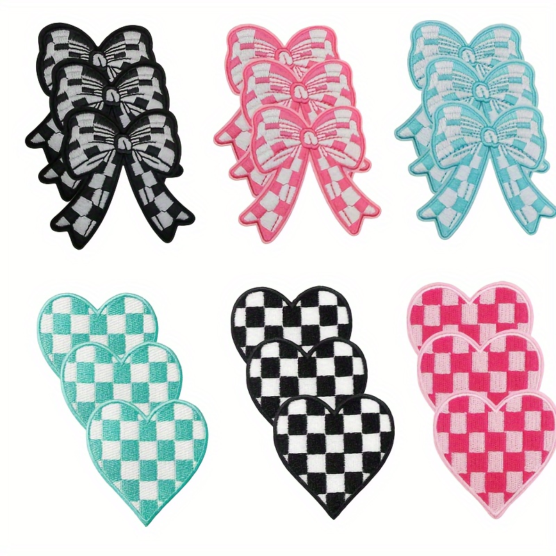 

18pcs Polyester Bowknot & Heart Patches, Checkered Design, Iron-on Embroidery Appliques For Jeans, Jackets, Vests, Hats, Backpacks - Diy Bead Jewelry Craft Supplies