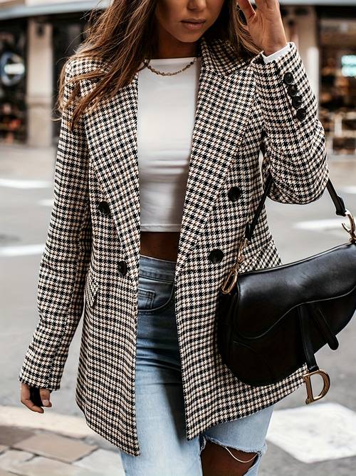womens checkered suit jacket coat collar long sleeved button casual jacket loose womens business jacket