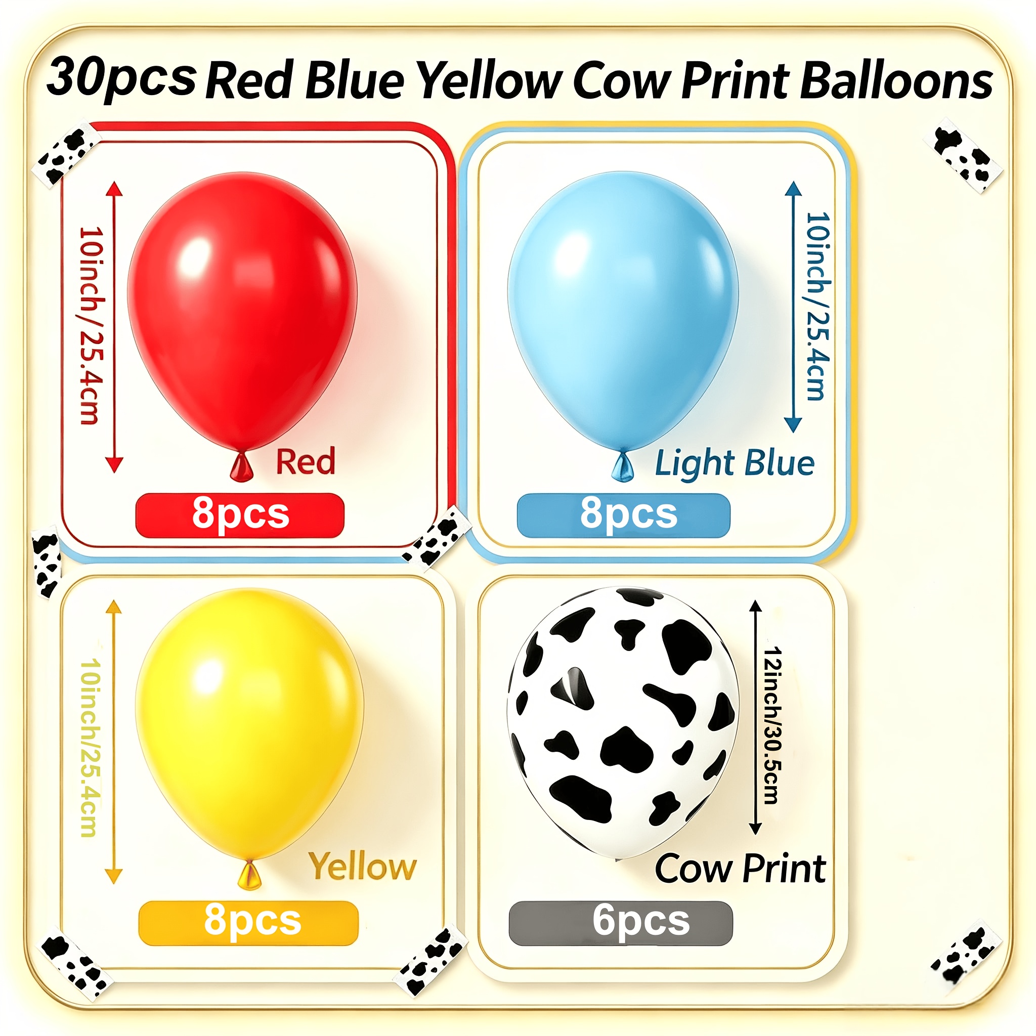 TEMU 30/15 ballons en latex rouges, jaunes et , ballons à imprimé vache de 12 pouces, et ballons , jaunes et rouges de 10 pouces. Convient pour les