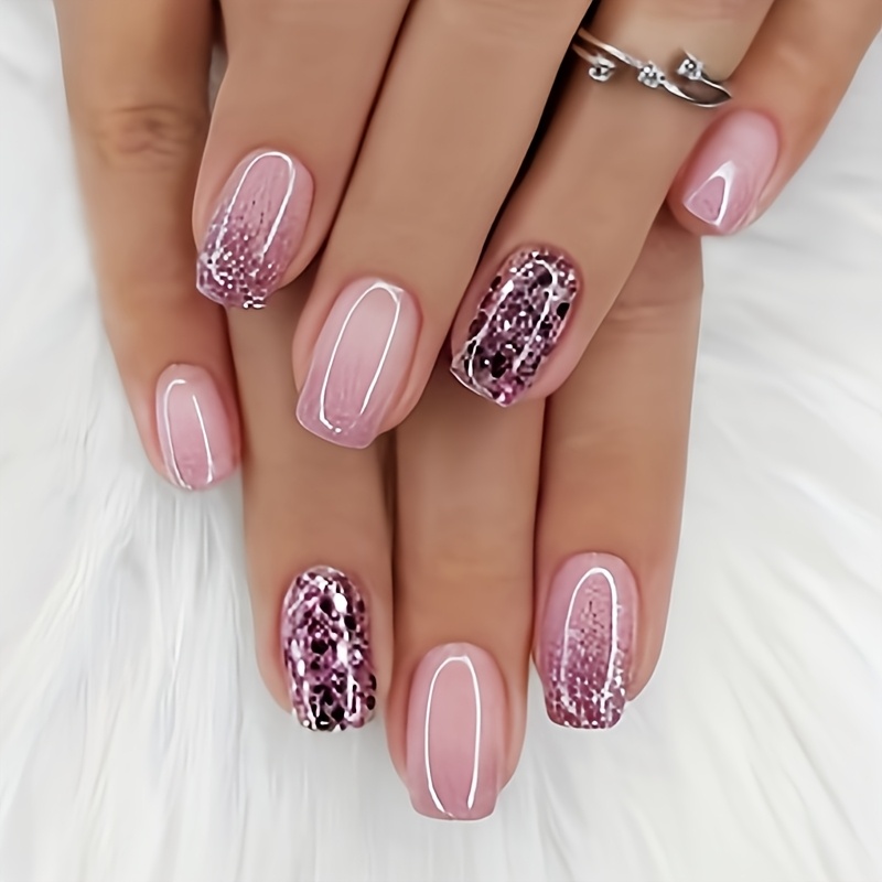 TEMU Upgrade Your Style 24pcs Short Square Gradient Nail Wraps Western Design Glossy False Nails Extendable Removable Nails With Jelly Glue 1pc Nail
