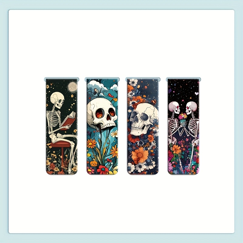 Image of 4pcs Magnetic Floral Bookmarks – With Vibrant Flowers, Skeletal Hands & Patterns – Perfect Gift For , Women, Men, Students & Teachers, Book Lover Gifts