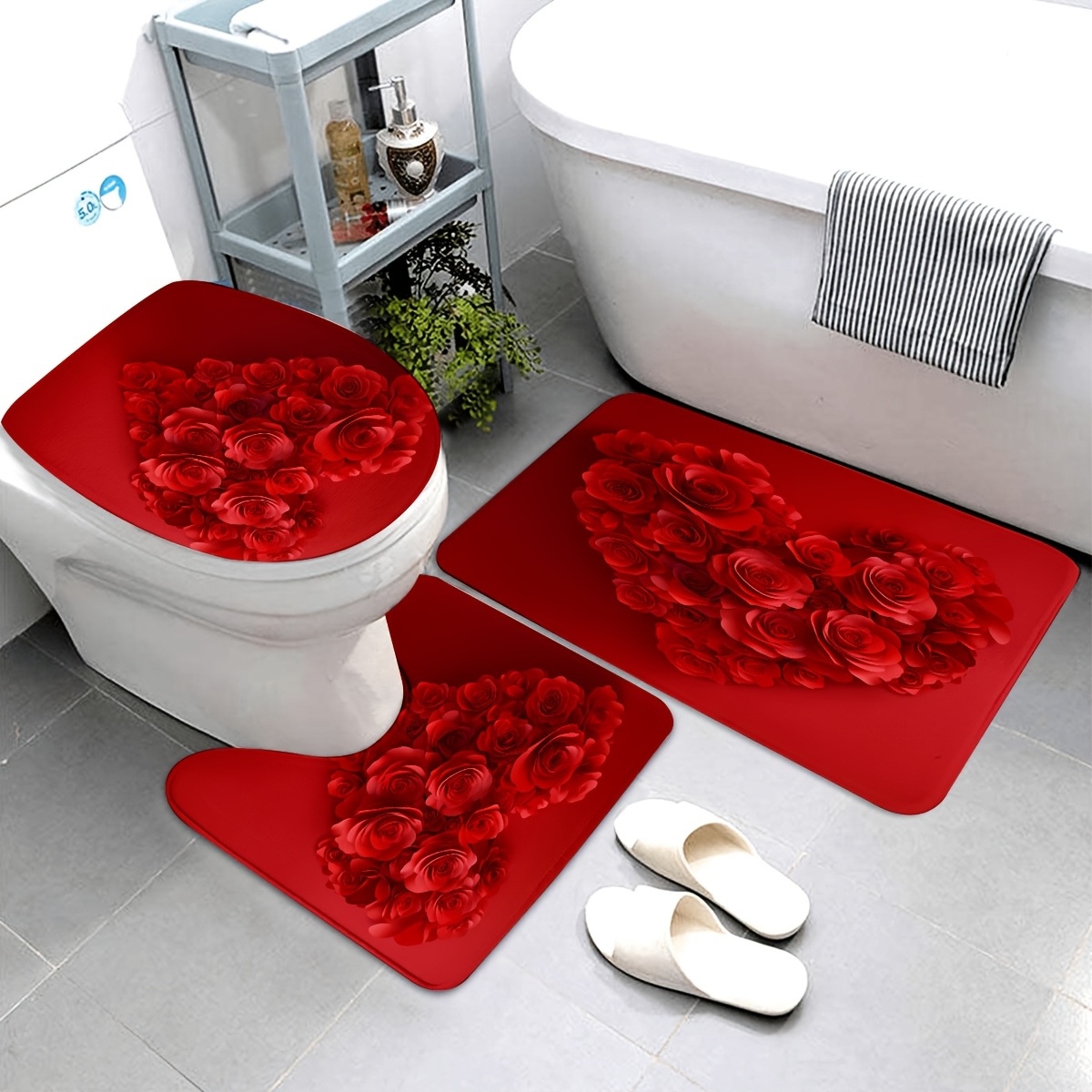 

3pcs Valentine's Day Bathroom Mat Set - Red , Non-slip Knit Polyester, Machine Washable, 600gsm, 1.2cm Thick, Includes U-shaped, Oblong, And Toilet Cover Mats For Home Decor And Holiday Gifts