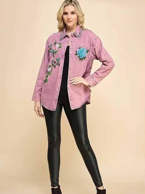 spring and summer womens heavy bead nails sequin flowers elegant casual long sleeve shirt