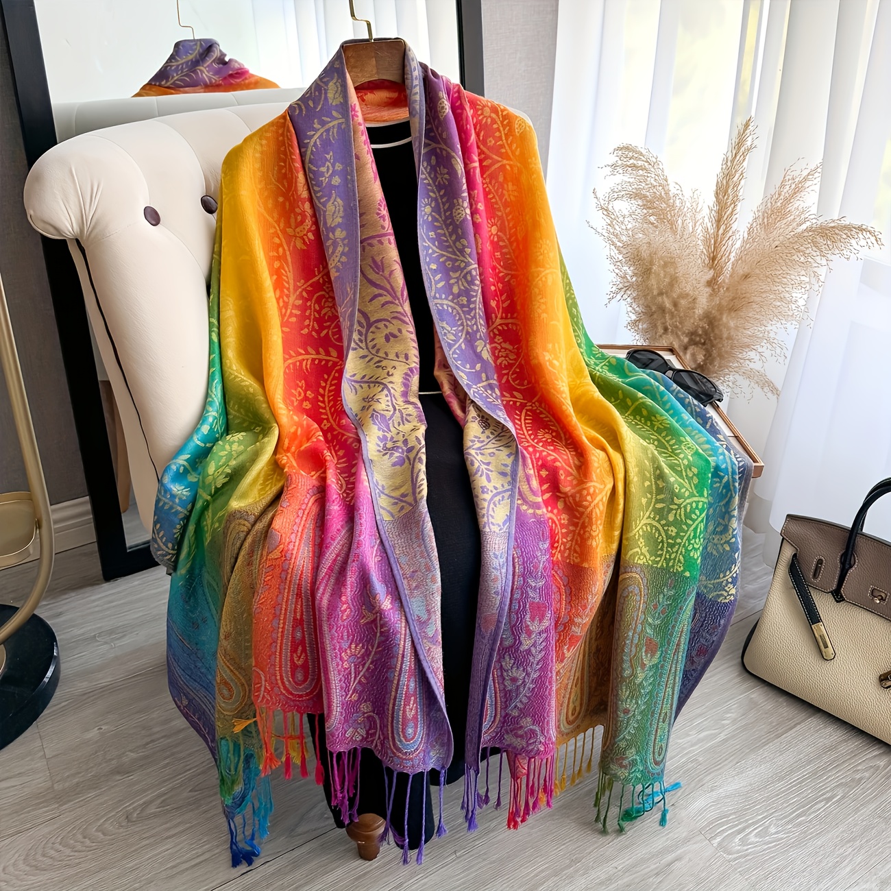 a womens vintage bohemian long scarf a gradient color tassel  display picture 2