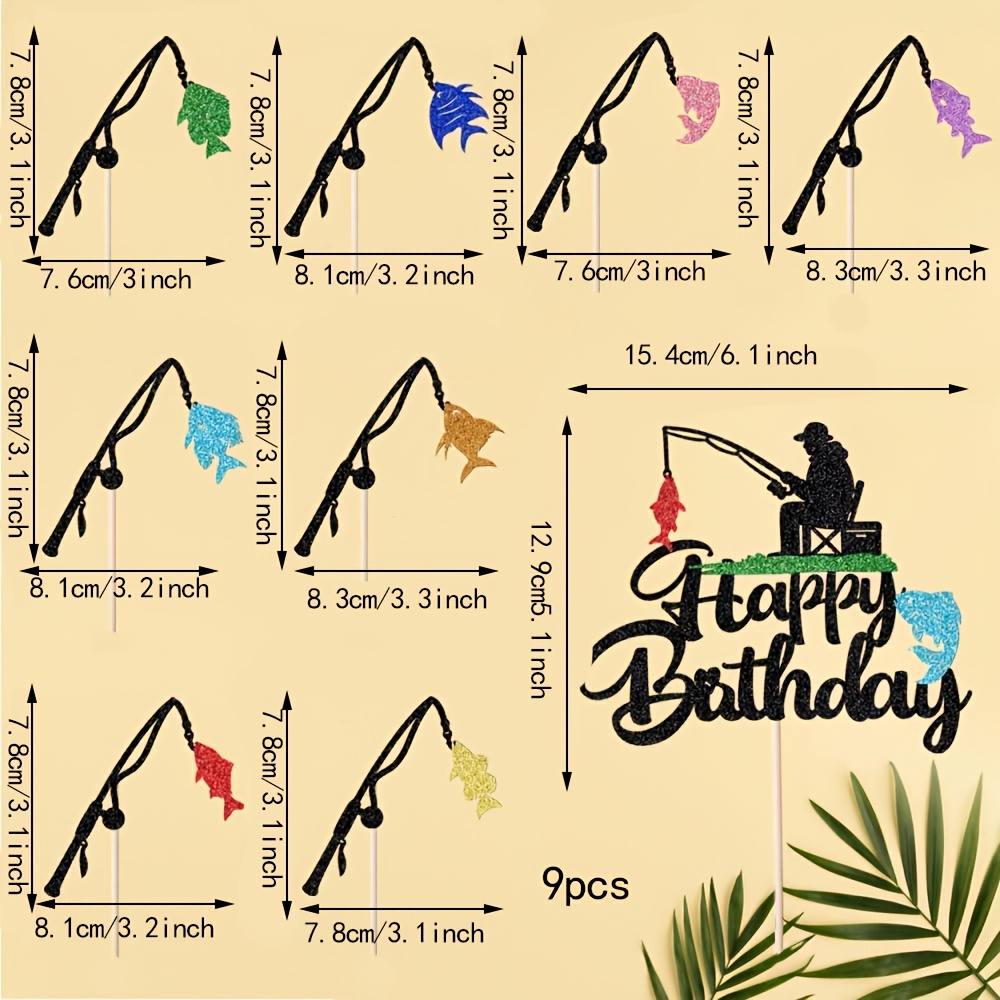 Image of 9pcs Fishing-themed Birthday Cake Toppers, Including Multiple Colorful Glitter Fishing Rods And Fisherman , Full Of Creative Fun, Designed For Dads And Fishing Enthusiasts