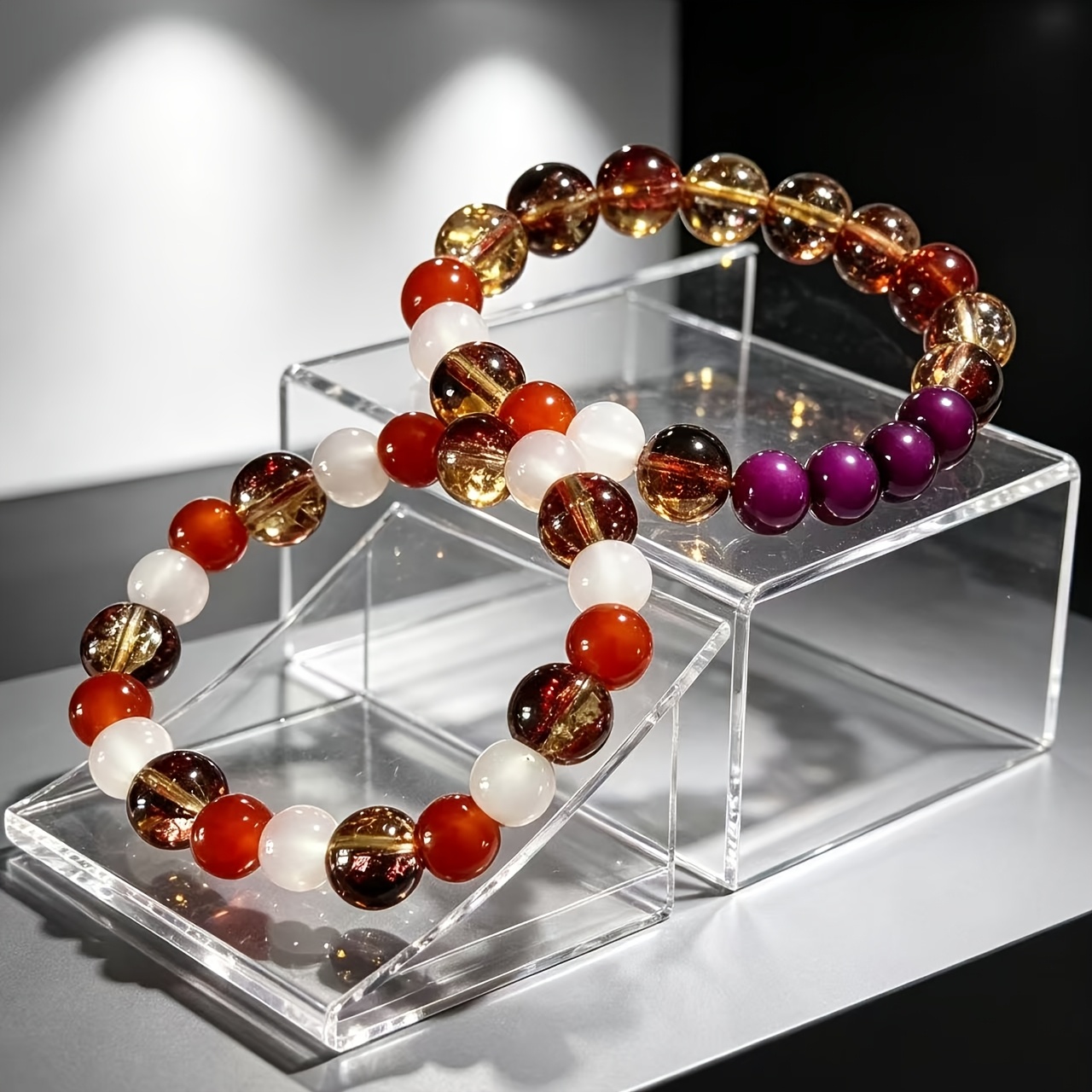 2pcs Large Red Gradient Crystal & Rose Tiger's Eye Beads Bracelet