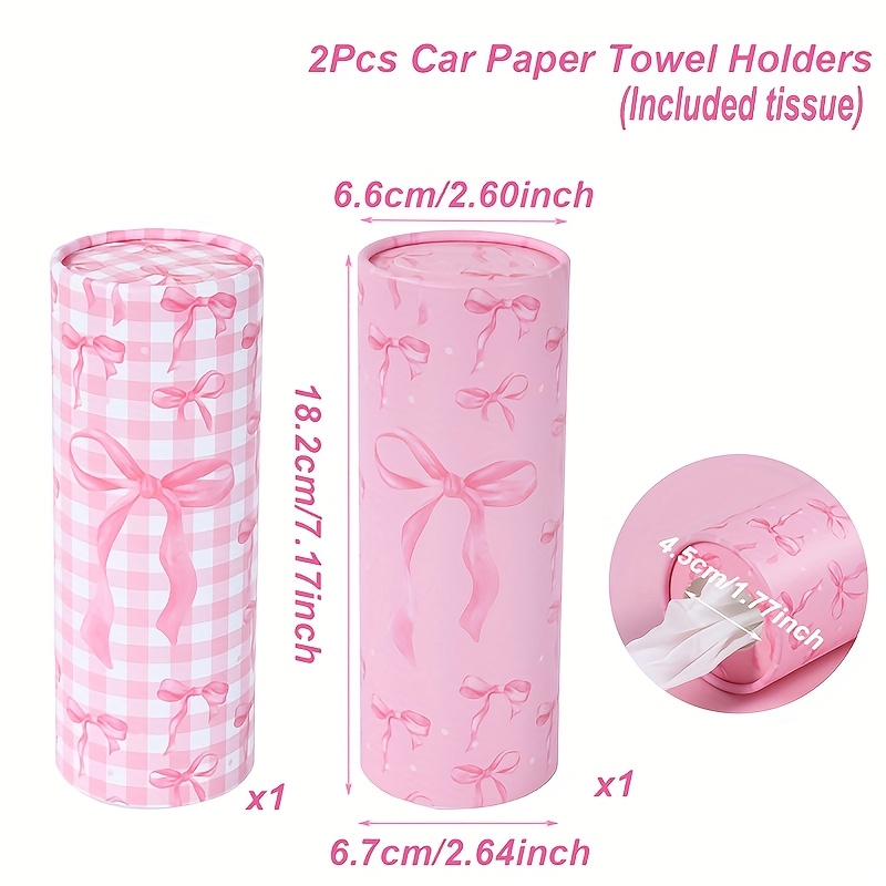 E-shop 2 Stücke Elegante Rosa Schleifen-Taschentuchbox mit – Blumenmuster-Zylinder-Design, Passend für Auto-Cupholder, Geburtstag, Hochzeit,