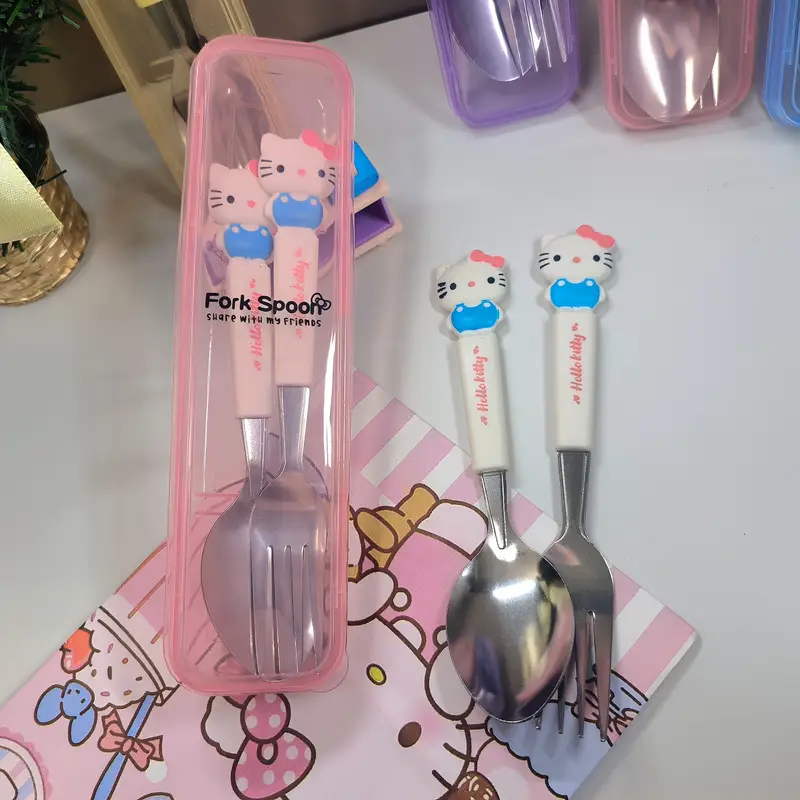 2pcs stainless steel portable cutlery set cute cartoon cutlery spoon and fork outdoor travel spoon or practical items travel portable school supplies student prizes birthday gifts easter Product details 0