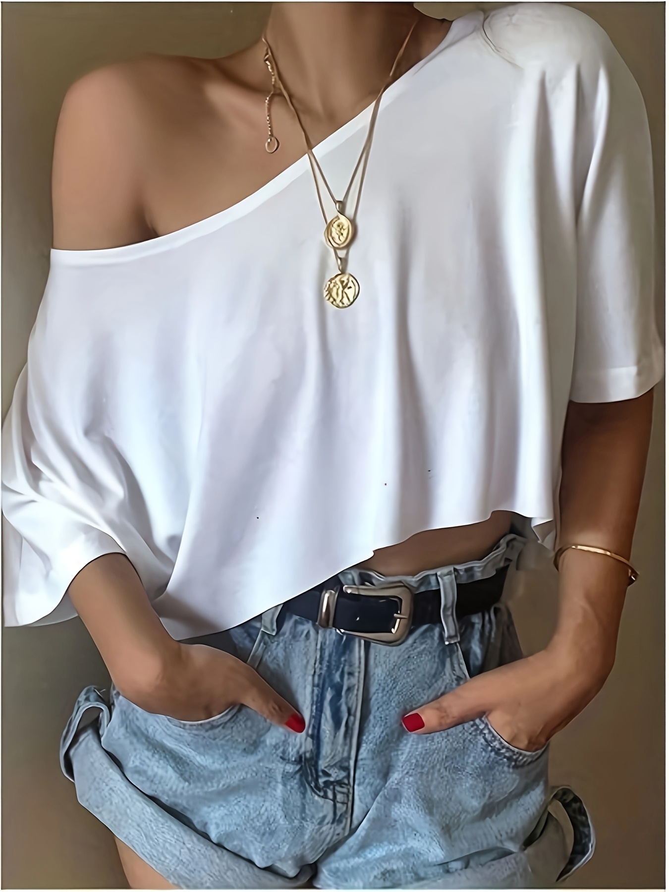 4pcs Women's Off-the-Shoulder Solid Crop Top Set