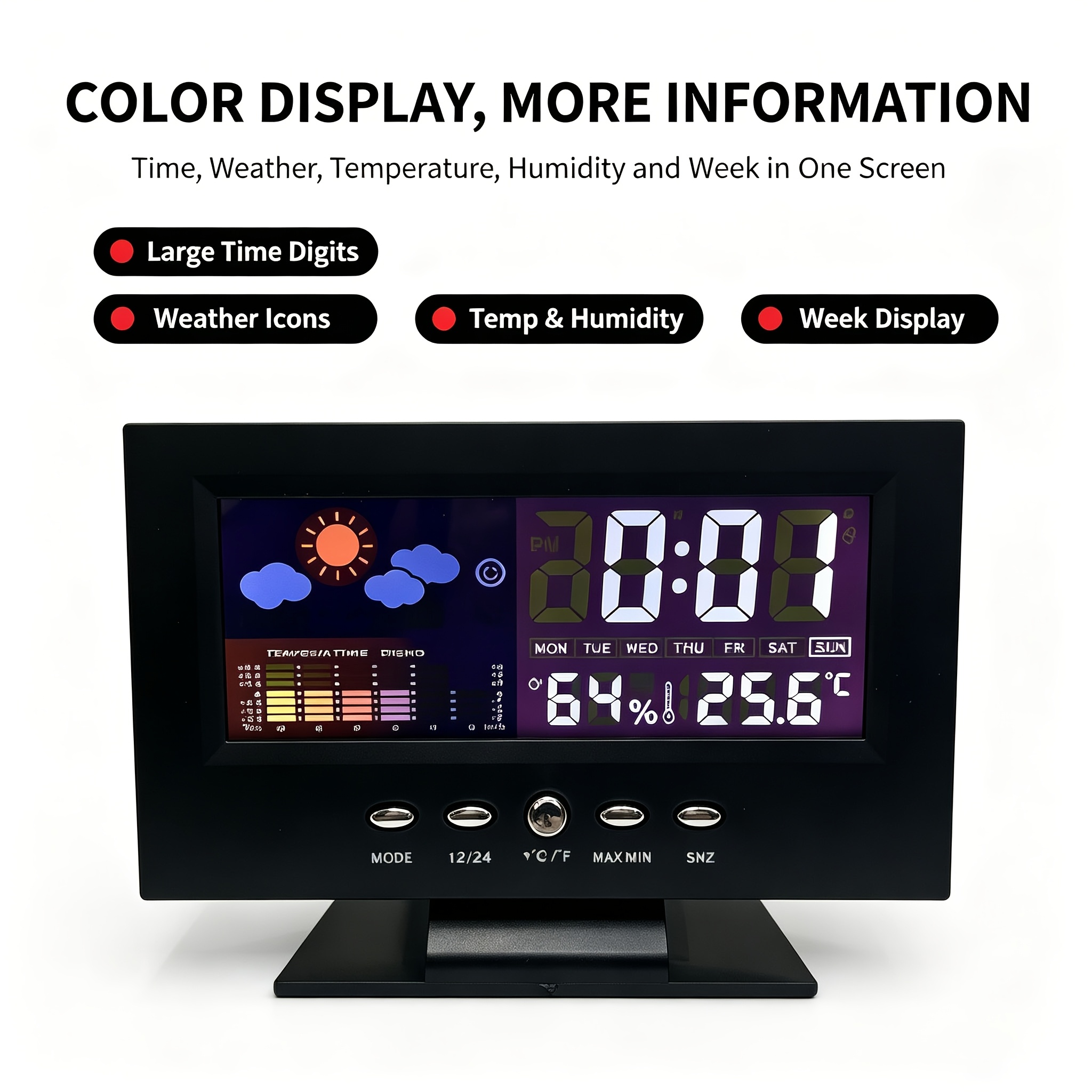 TEMU Color Lcd Weather Station Clock, Usb Powered Digital Alarm Clock With Indoor Temperature Humidity Monitor, 12/24h Time Selectable, Large Screen