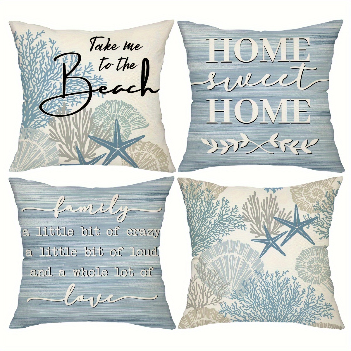 

4pcs, Colorlife Summer The Beach Coral Starfish Throw Pillow Covers, 18*18 Inch Home Sweet Home Motto Blue Cushion Case For Sofa Couch Set Of 4 Without Pillow Cores