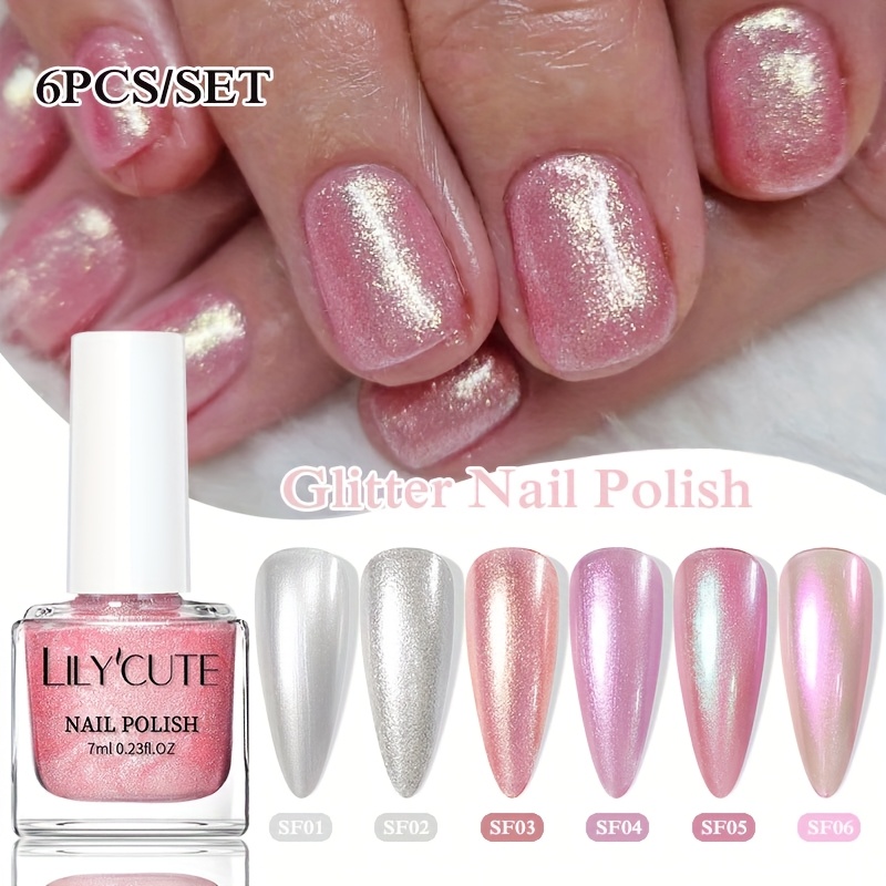 TEMU Lilycute 6pcs 7ml White Aurora Glitter Nail Polish Colorful Bright Shining Ultra Effect Shell Quick Air Dry Lamp Long Lasting Nail Art Polish