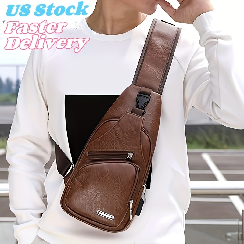 

Men' Light Brown Leather Sling Bag With Usb Charging Port - Stylish Multi-pocket Crossbody Chest Bag, Adjustable Strap, Zipper Closure For Casual , Travel & Work, Crossbody Bag